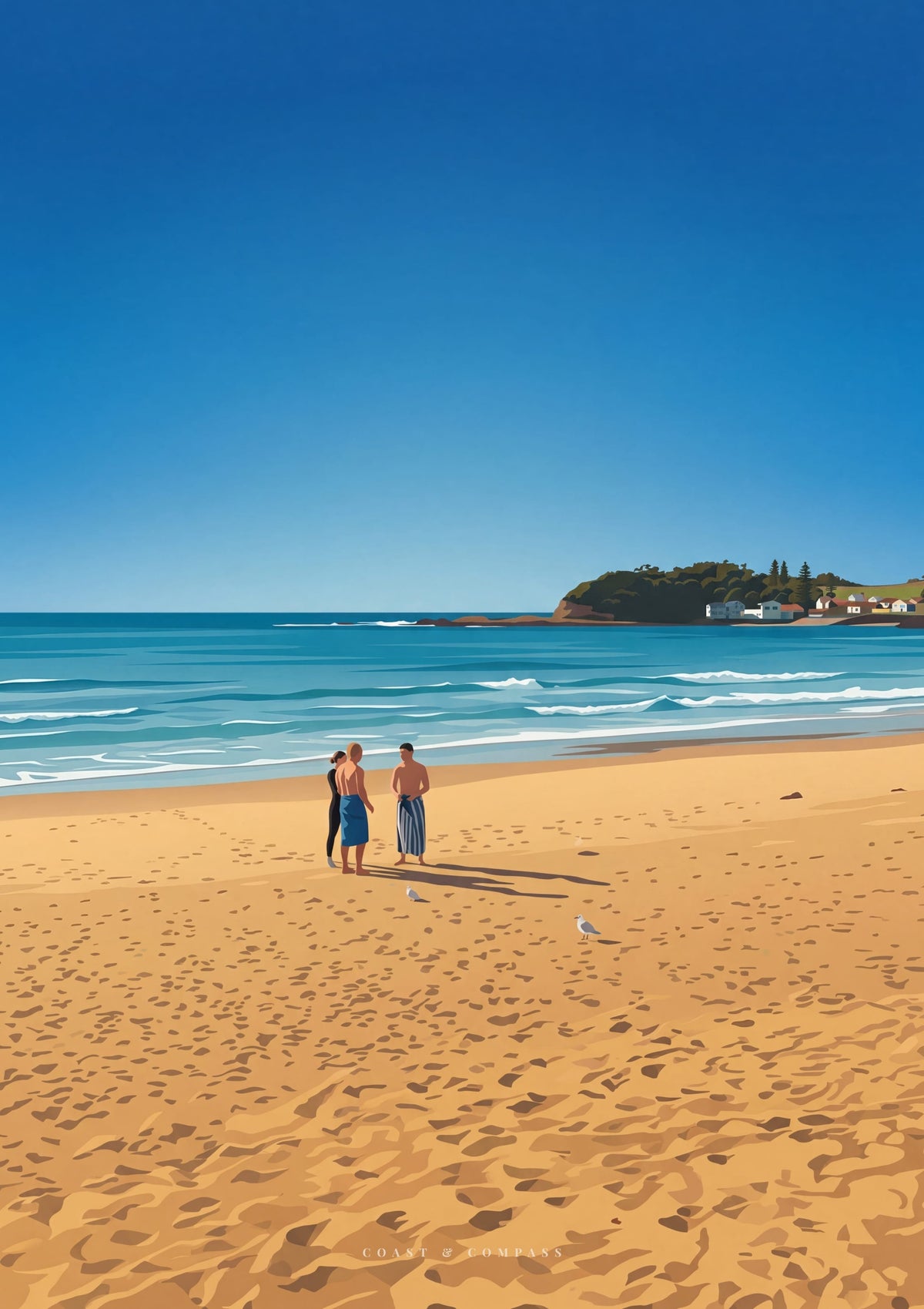 Shoreline Gathering — two people talking on wide open sand at Terrigal, Central Coast NSW