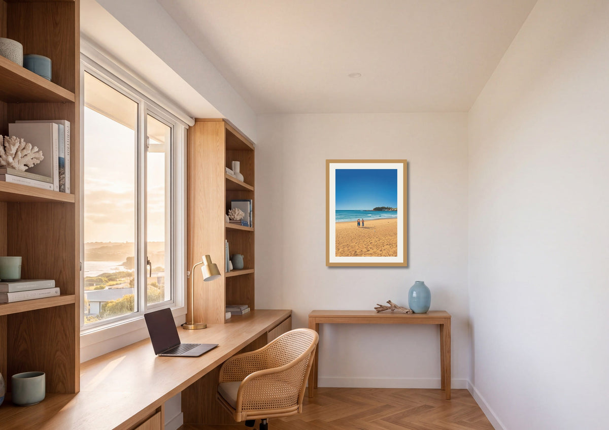 Shoreline Gathering print shown at A2 size on a home office wall