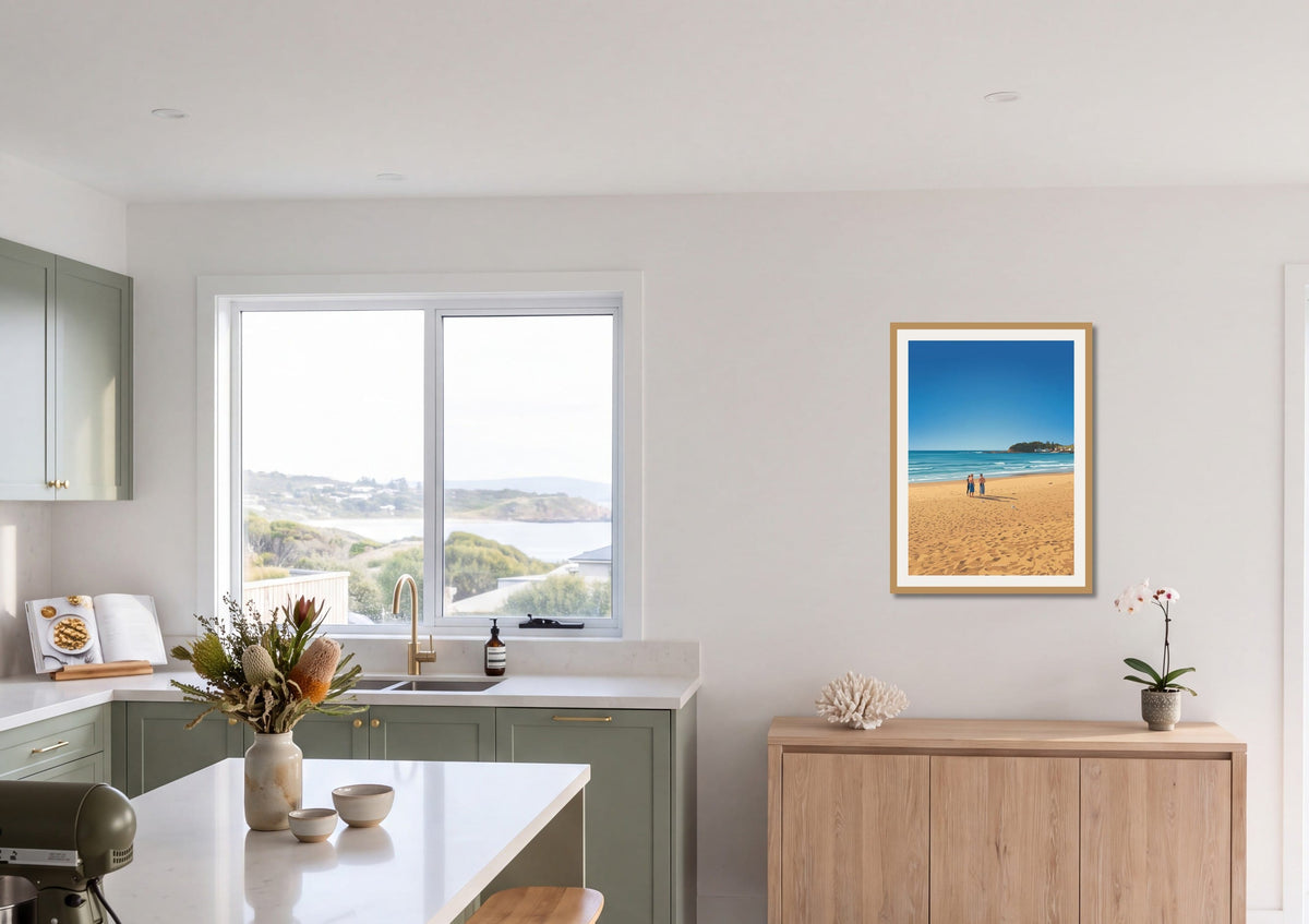 Shoreline Gathering print shown at A1 size in a kitchen