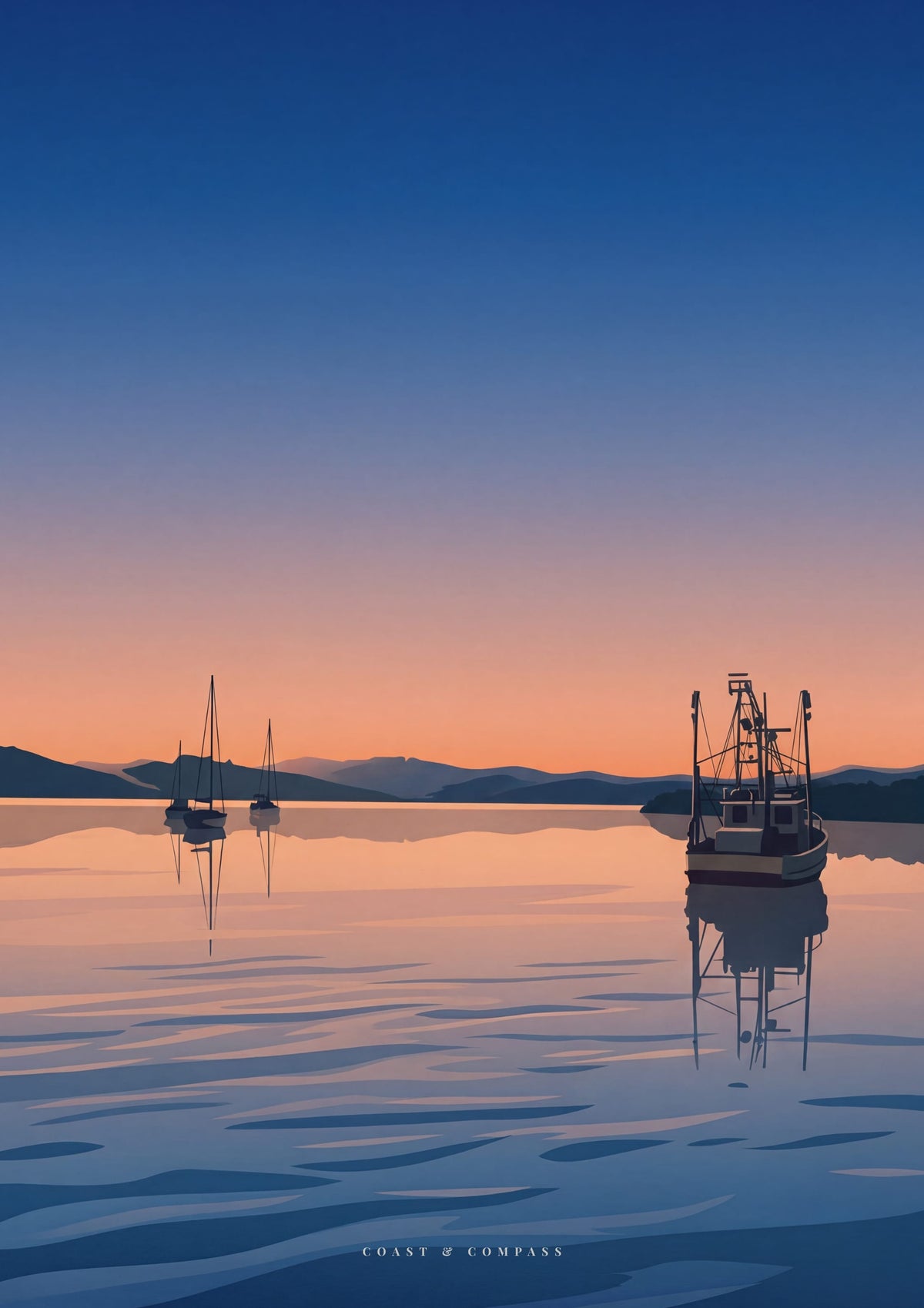 Still Waters — a trawler and yachts reflected on glassy water at Saratoga, Central Coast NSW