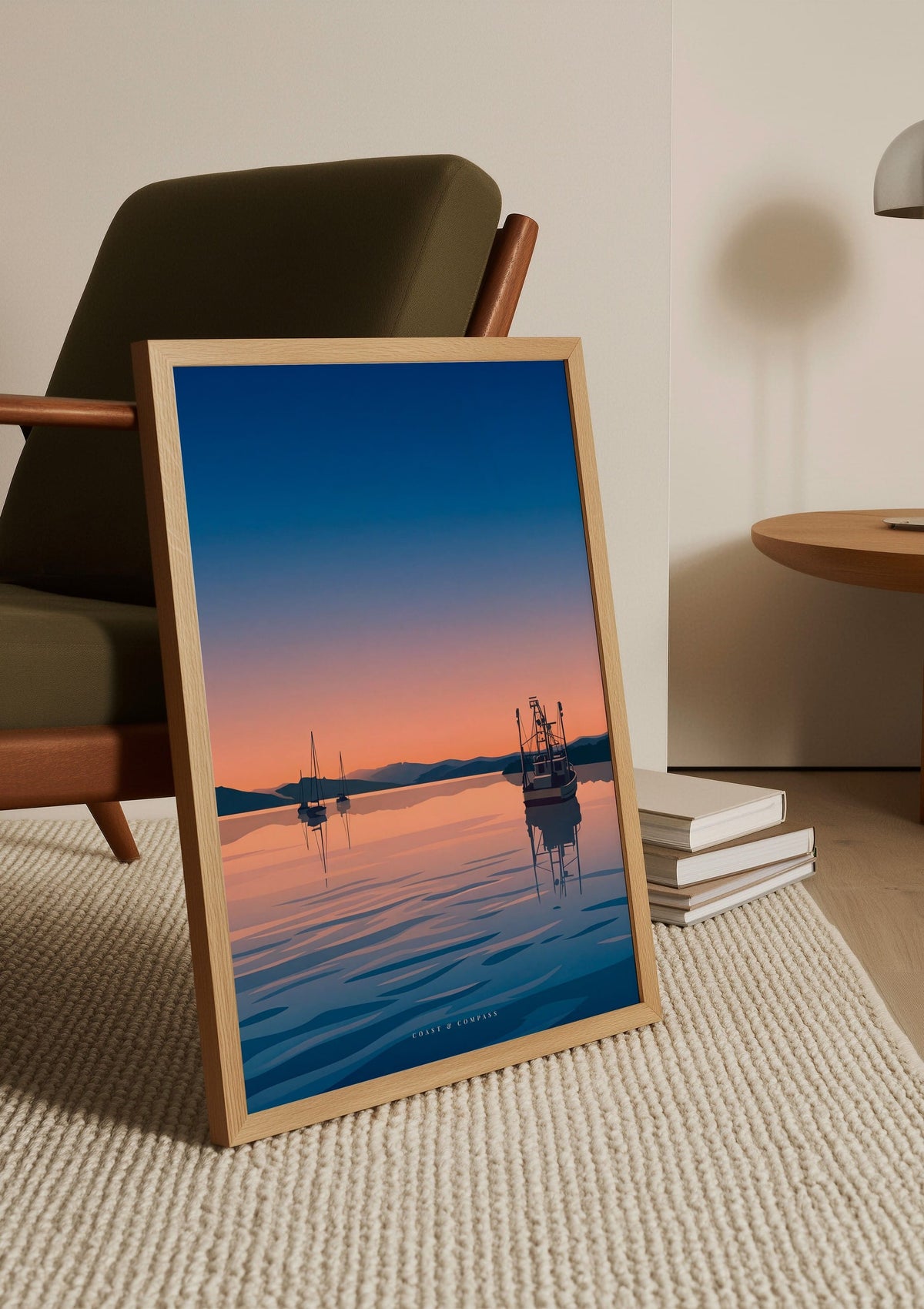 Still Waters print shown unframed, leaning against a chair