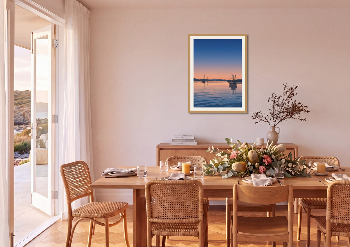 Still Waters print shown at A1 size on a dining room wall
