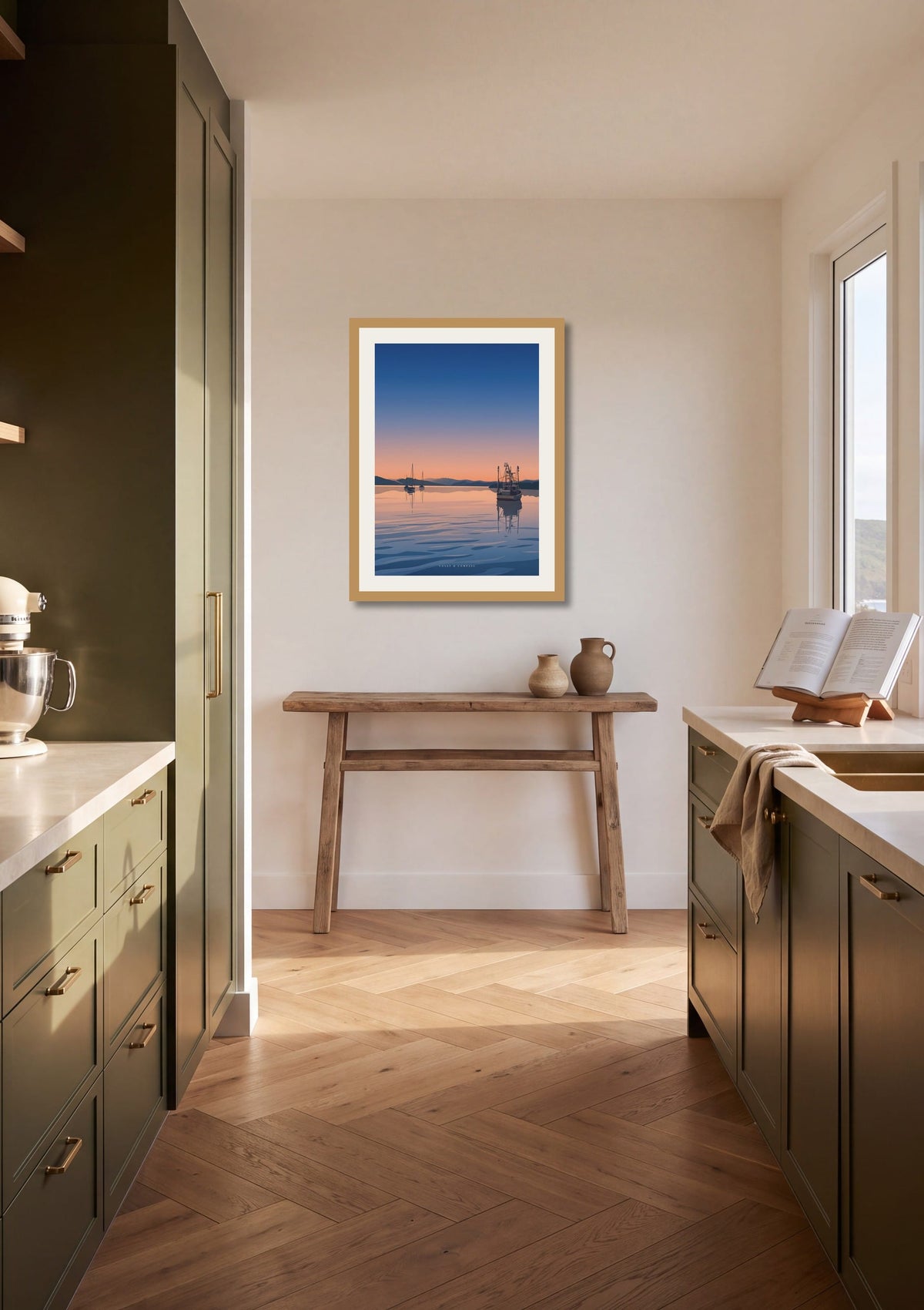 Still Waters print shown at A2 size in a galley kitchen