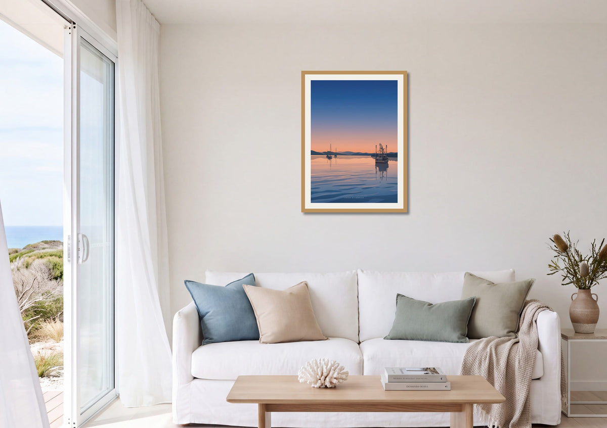 Still Waters print shown at A1 size on a living room wall