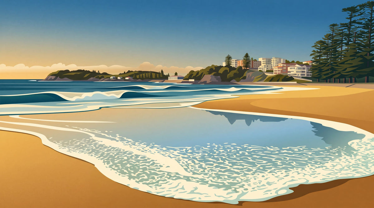 A stylized Terrigal coastal beach scene with blue ocean waves, white surf, sandy shore, trees, and buildings on a cliff in the distance under a clear blue sky.