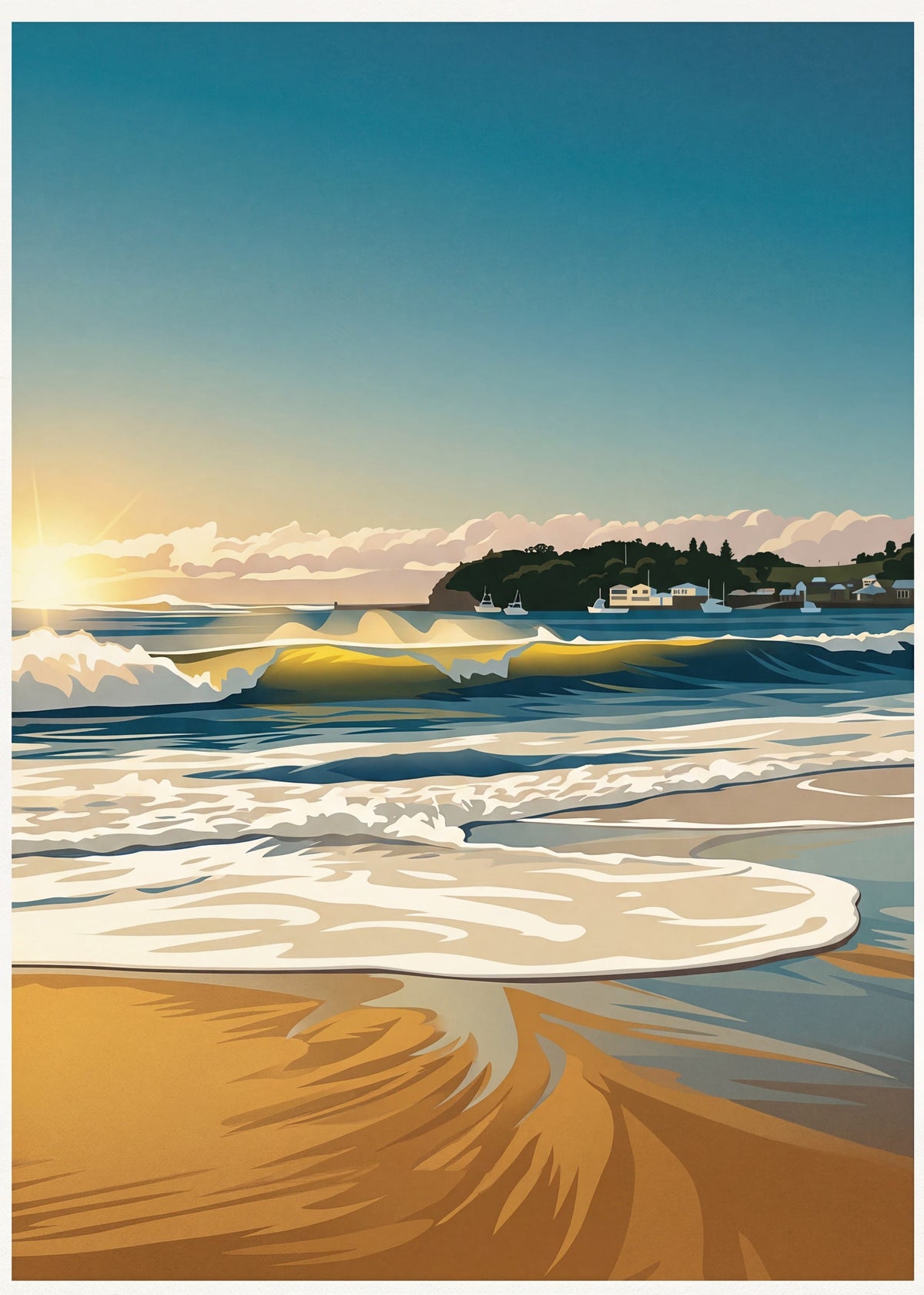 A stylized coastal beach scene artwork showing blue ocean waves rolling onto a sandy shore under a clear sky, with a small shoreline town visible in the distance. From Coast & Compass.  Original Art work by Andrew Batey