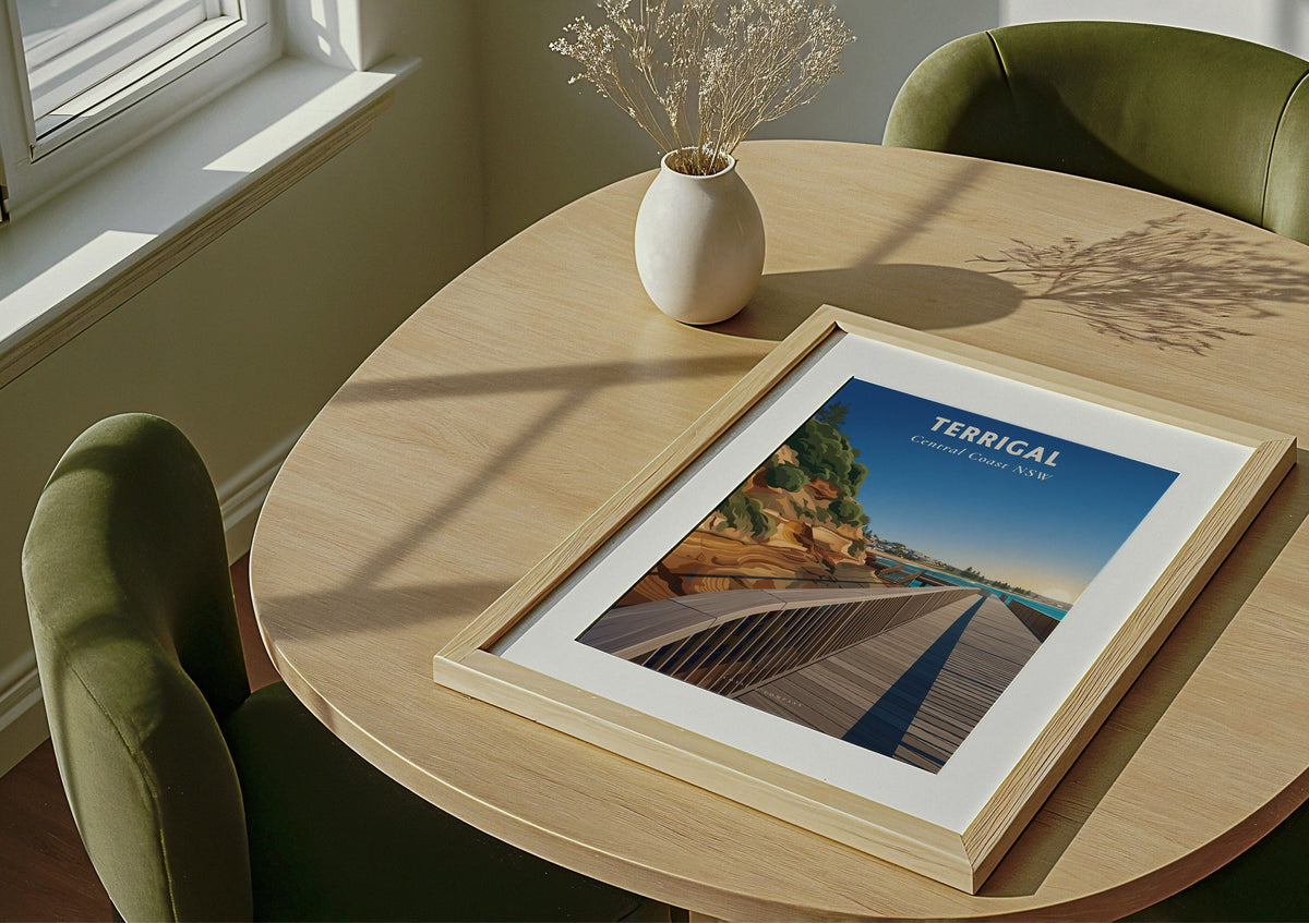 Terrigal Boardwalk travel poster shown unframed and lying flat on a table