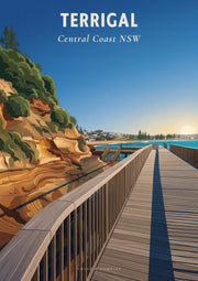 Terrigal Boardwalk travel poster — late afternoon sun casting crisp shadows across the boardwalk, Central Coast NSW