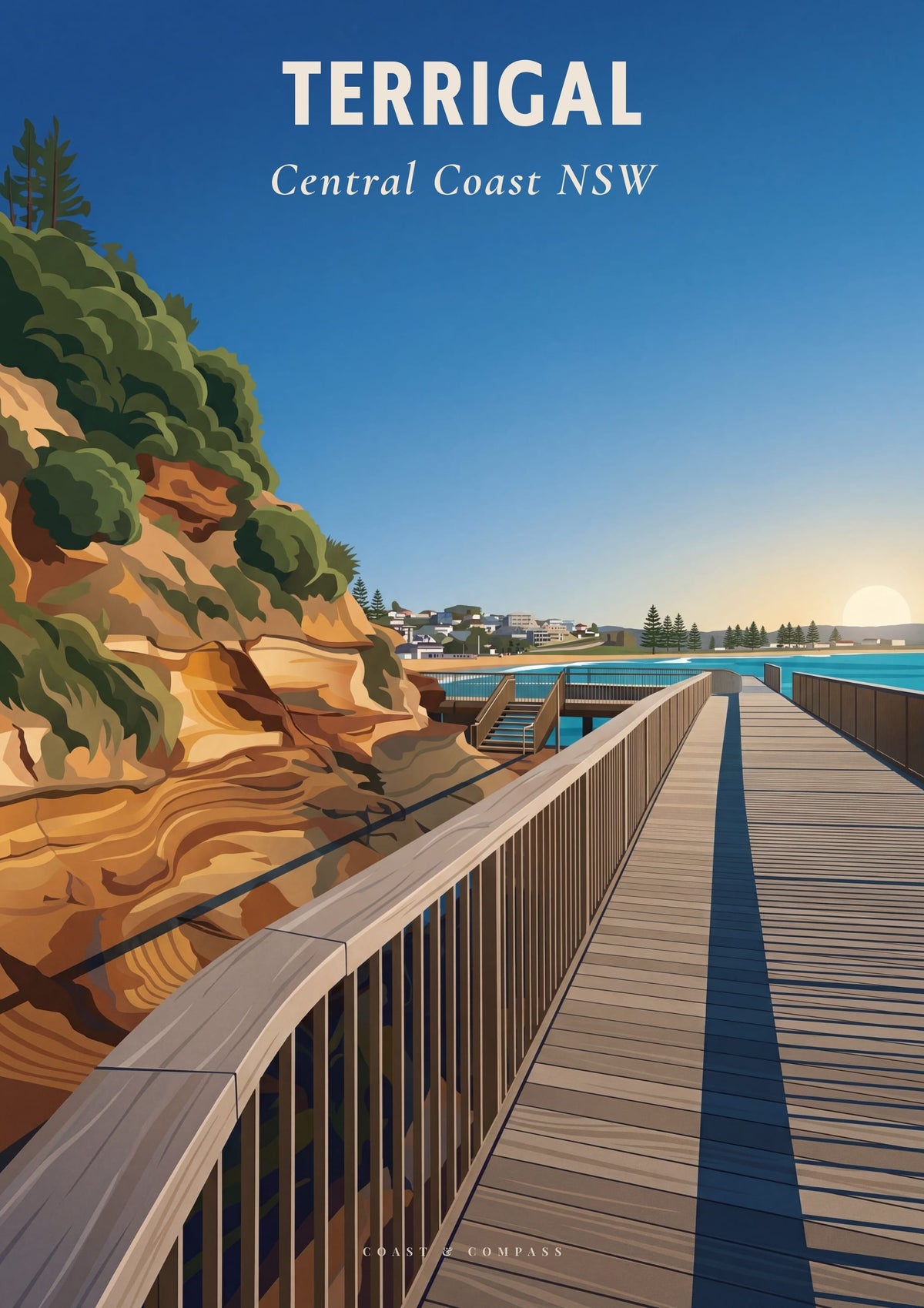 Terrigal Boardwalk travel poster — late afternoon sun casting crisp shadows across the boardwalk, Central Coast NSW