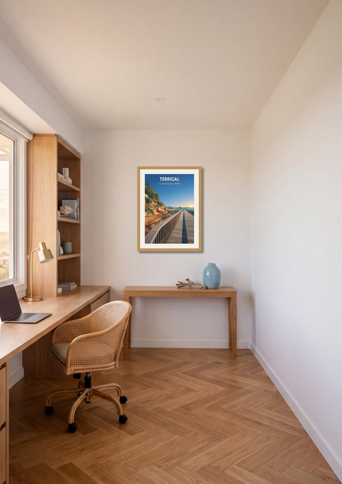 Terrigal Boardwalk travel poster shown at A2 size on a home office wall