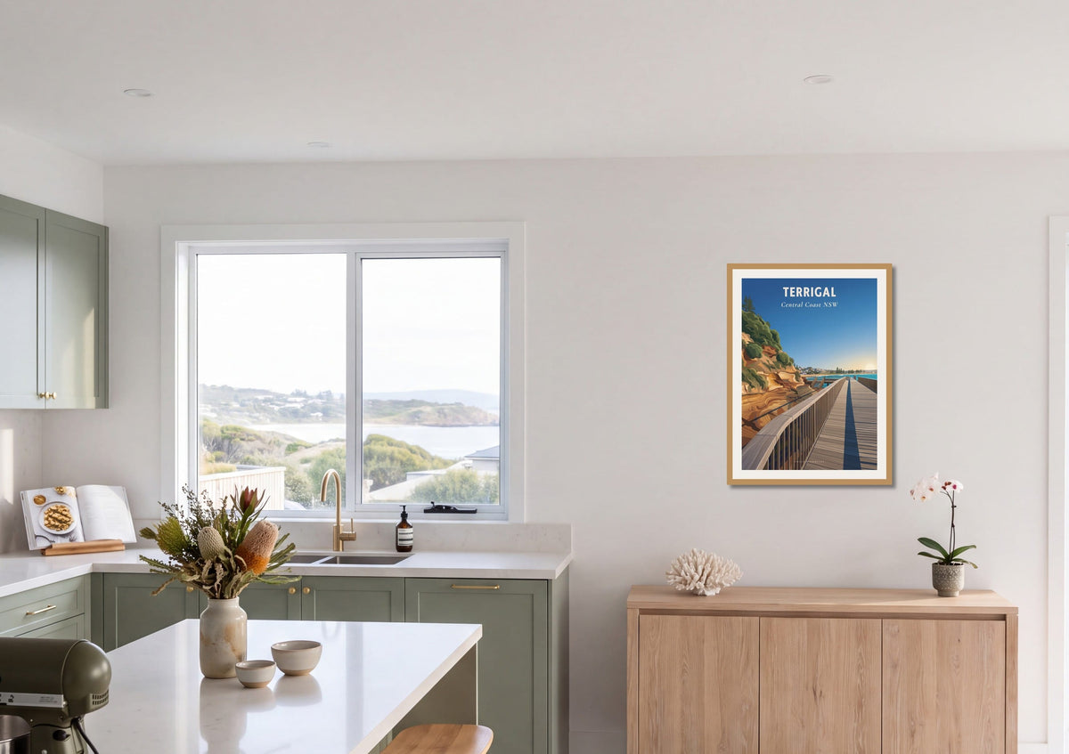 Terrigal Boardwalk travel poster shown at A1 size in a kitchen