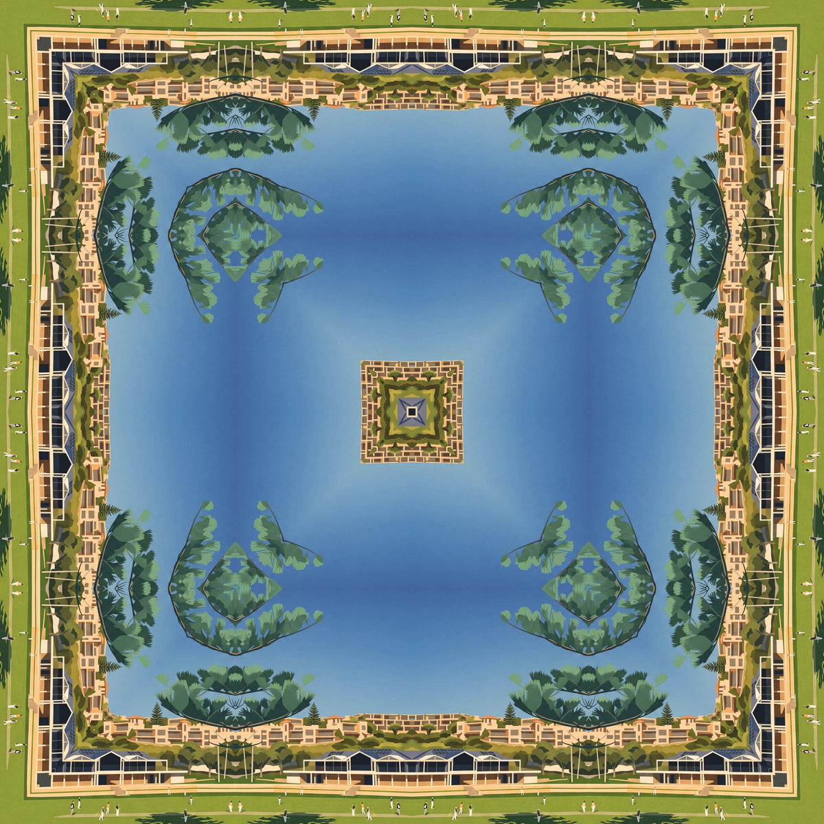 A square art image featuring a symmetrical, kaleidoscopic design of a classical Terrigal Cricket Ground. The design is mirrored horizontally and vertically, with a light blue center, green hedges, and a beige and gold stone border.