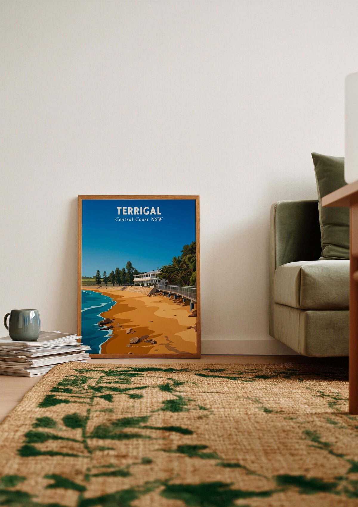 Terrigal Haven Beach travel poster shown unframed, leaning against a wall