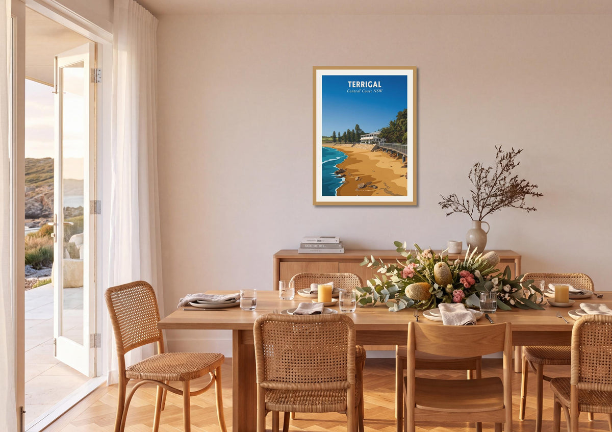 Terrigal Haven Beach travel poster shown at A1 size on a dining room wall