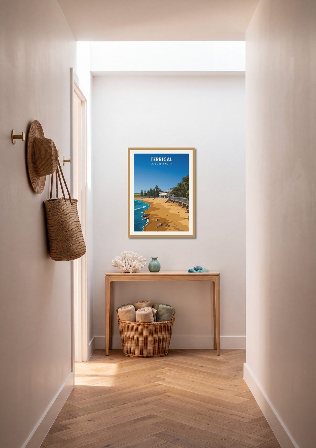 Terrigal Haven Beach travel poster shown at A1 size on a hallway wall