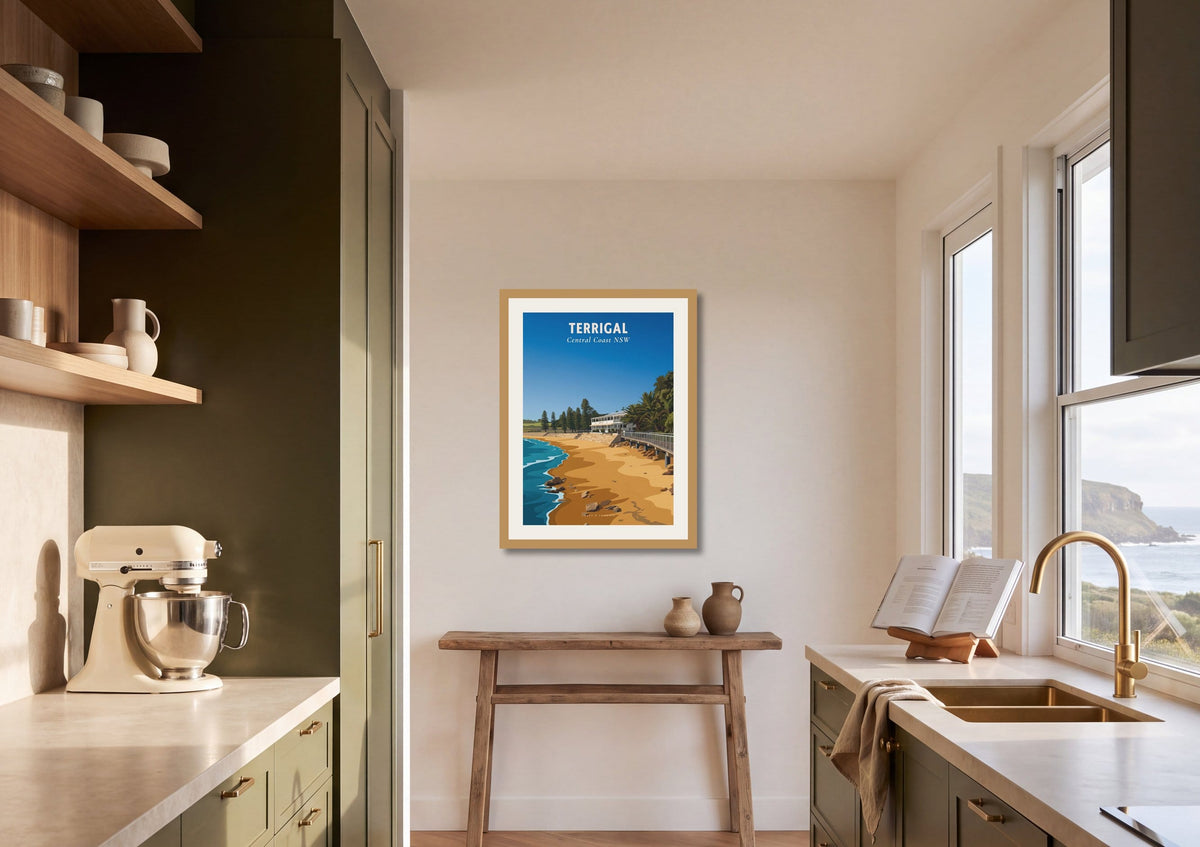 Terrigal Haven Beach travel poster shown at A2 size in a galley kitchen