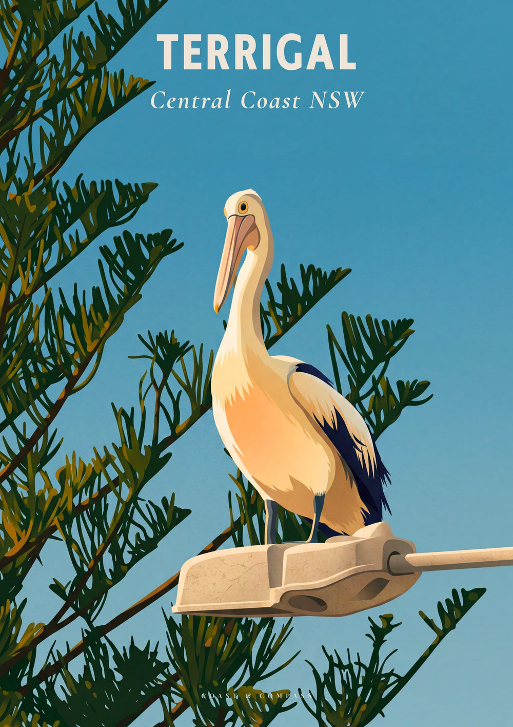 Illustrated travel-style poster for Terrigal, Central Coast NSW, showing a white pelican with dark blue wingtips perched on a light fixture against a blue sky and green tree branches. From Coast & Compass.  Original Art work by Andrew Batey