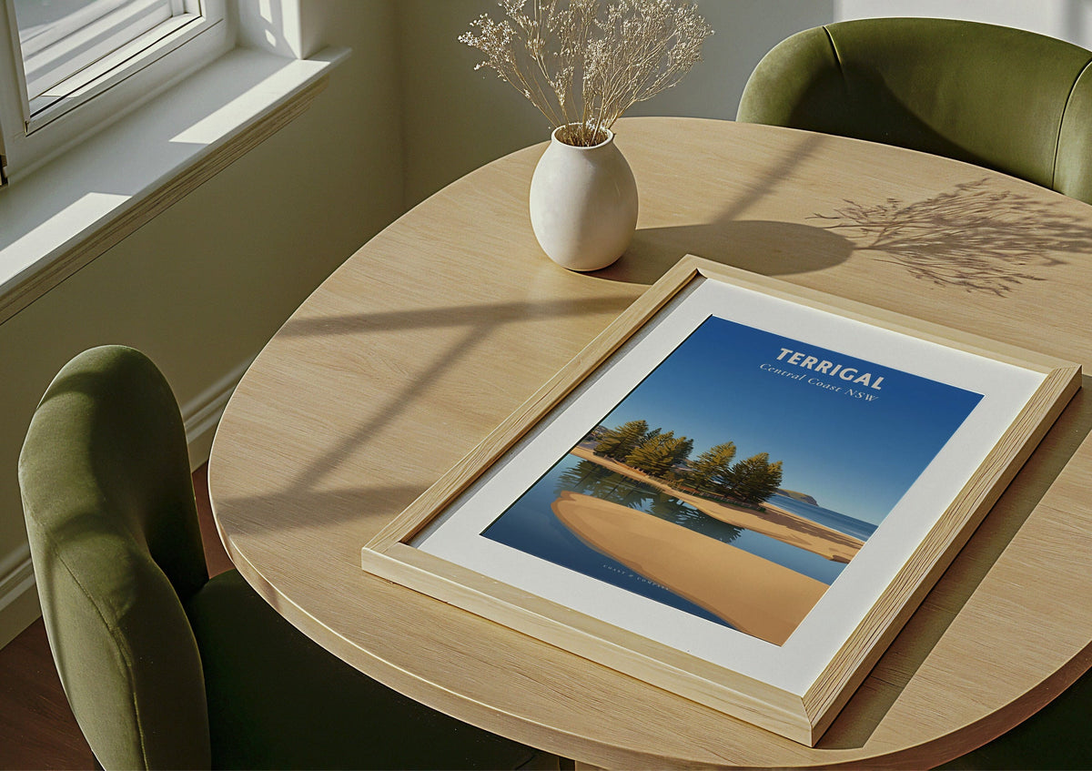 Terrigal Pines travel poster shown unframed and lying flat on a table