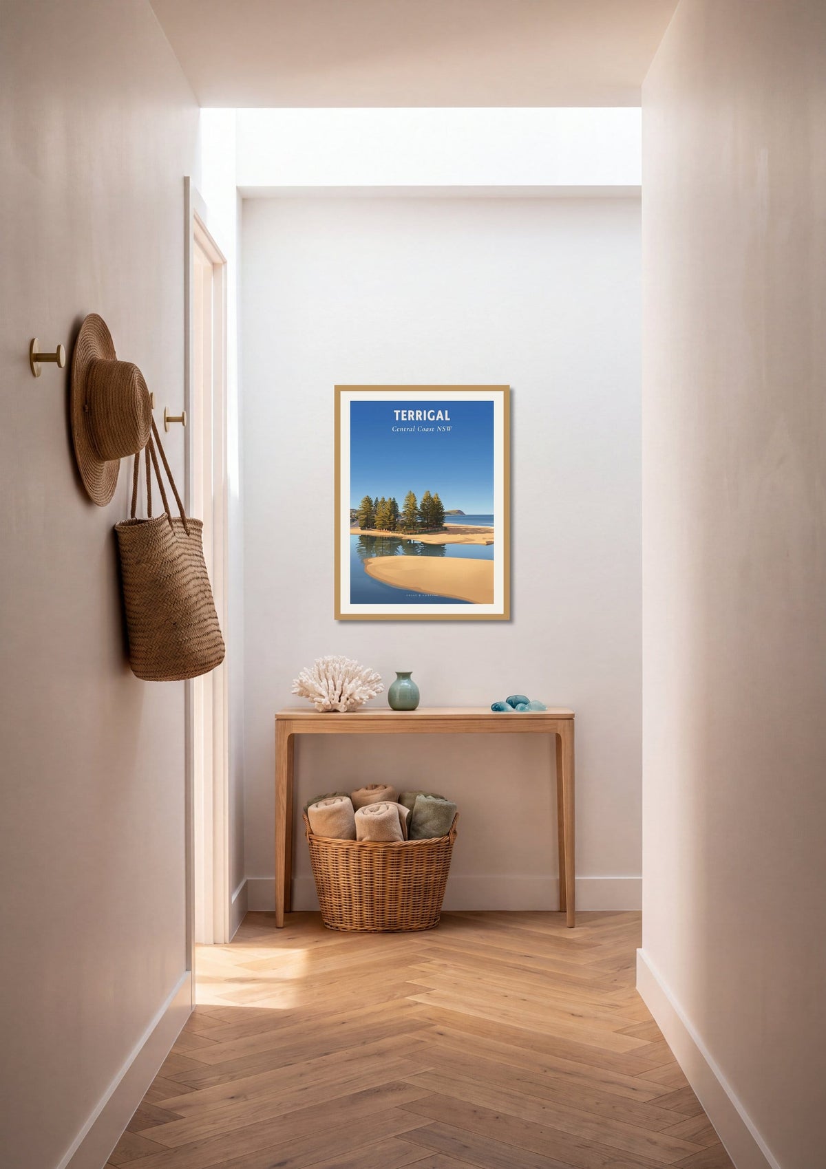 Terrigal Pines travel poster shown at A1 size on a hallway wall