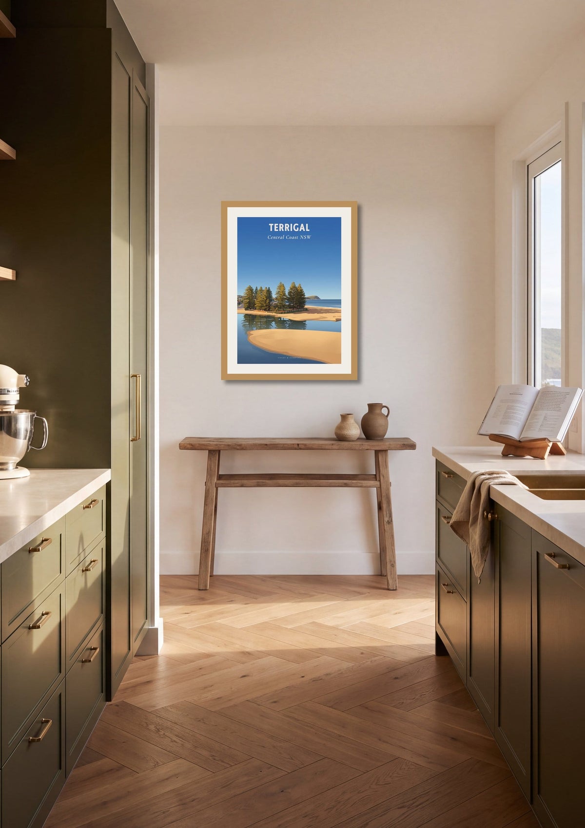 Terrigal Pines travel poster shown at A2 size in a galley kitchen