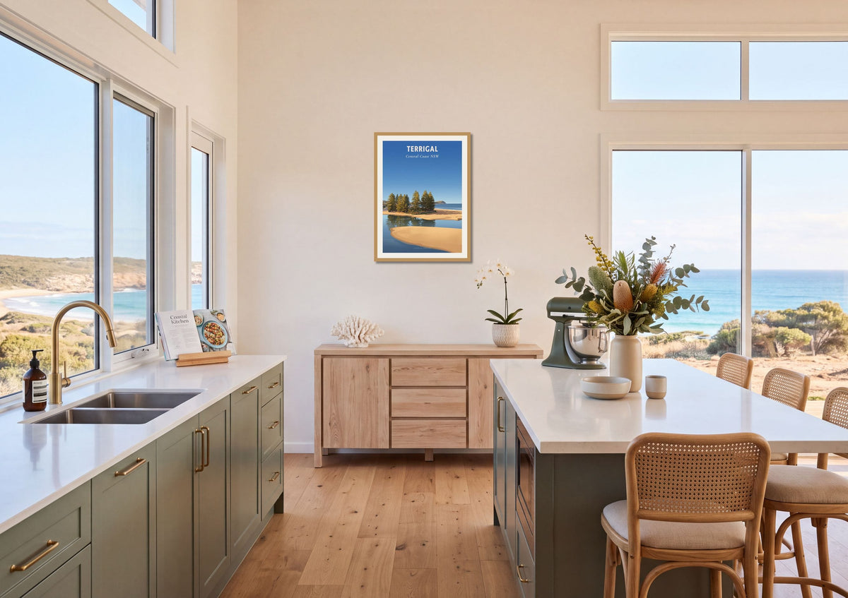 Terrigal Pines travel poster shown at A1 size on a kitchen wall