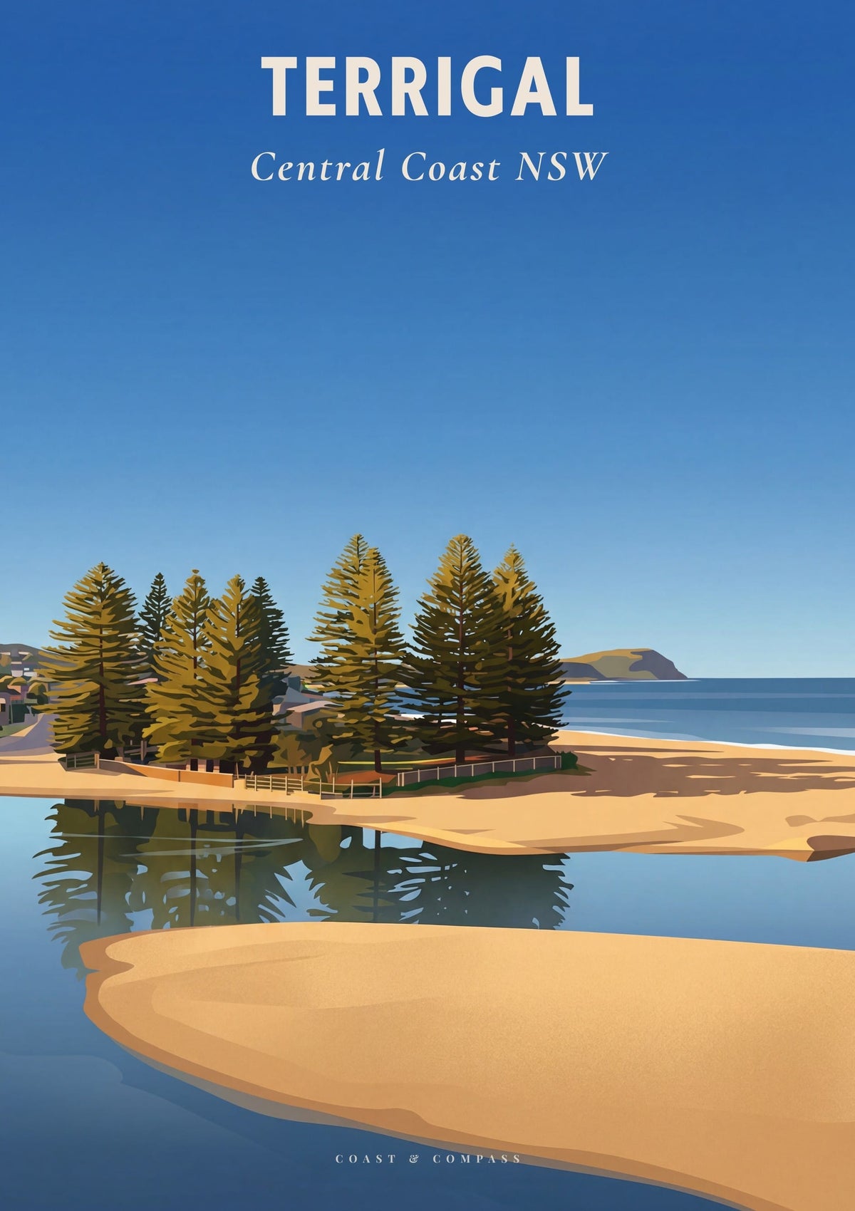 Terrigal Pines travel poster — a grove of Norfolk pines above the calm water of Terrigal Lagoon, Central Coast NSW