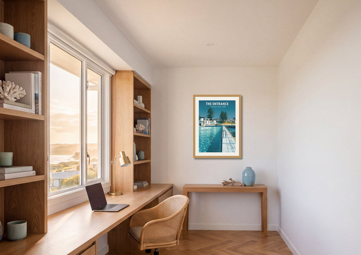 The Entrance Ocean Baths travel poster shown at A2 size on a home office wall