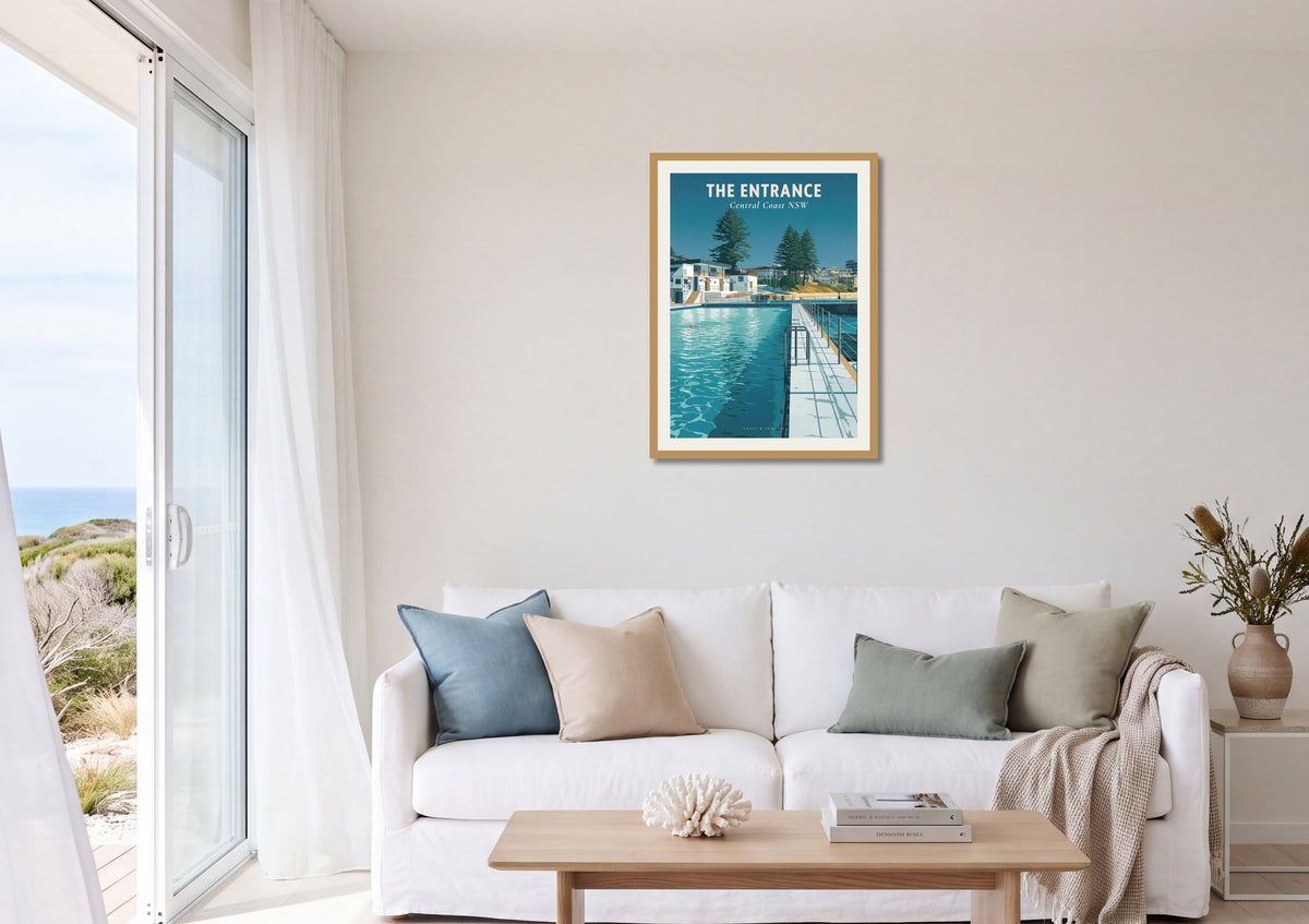 The Entrance Ocean Baths travel poster shown at A1 size on a living room wall