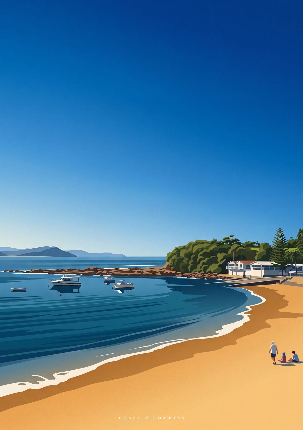 A stylized coastal beach scene with deep blue water, sandy shore, green trees, a few boats, and small figures near the right edge. The scene appears to be the artwork itself rather than a photo of a physical product in an environment, so subject_type is Scenery.