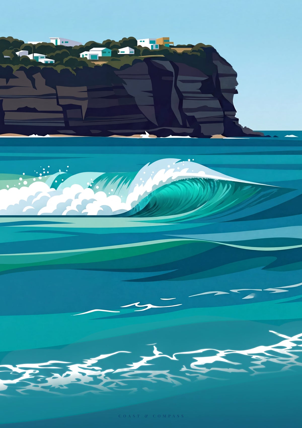 Turquoise Break — a turquoise wave peeling below sandstone cliffs at Macmasters Beach, Central Coast NSW