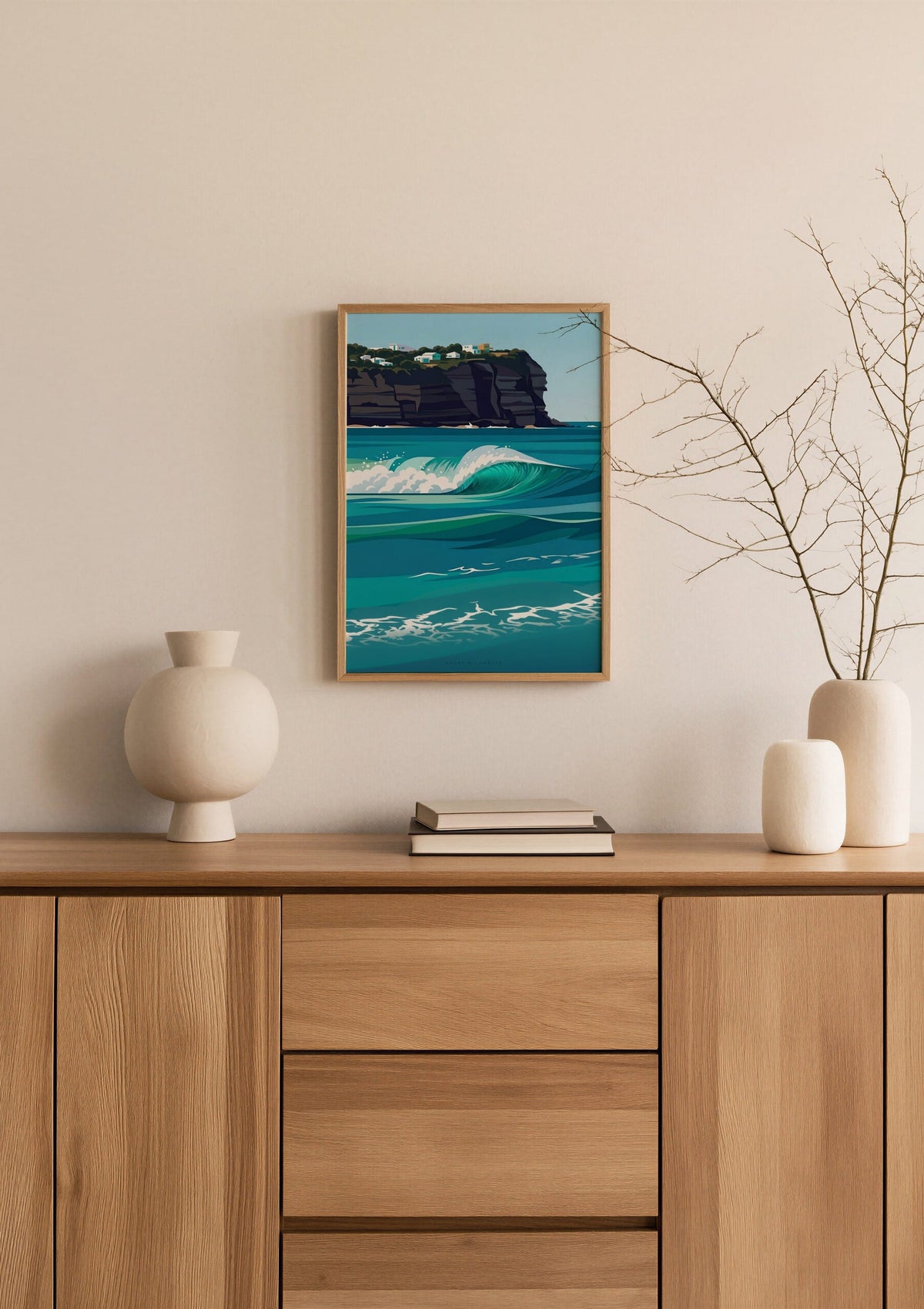Turquoise Break print shown at A3 size above a sideboard with a branch in a vase