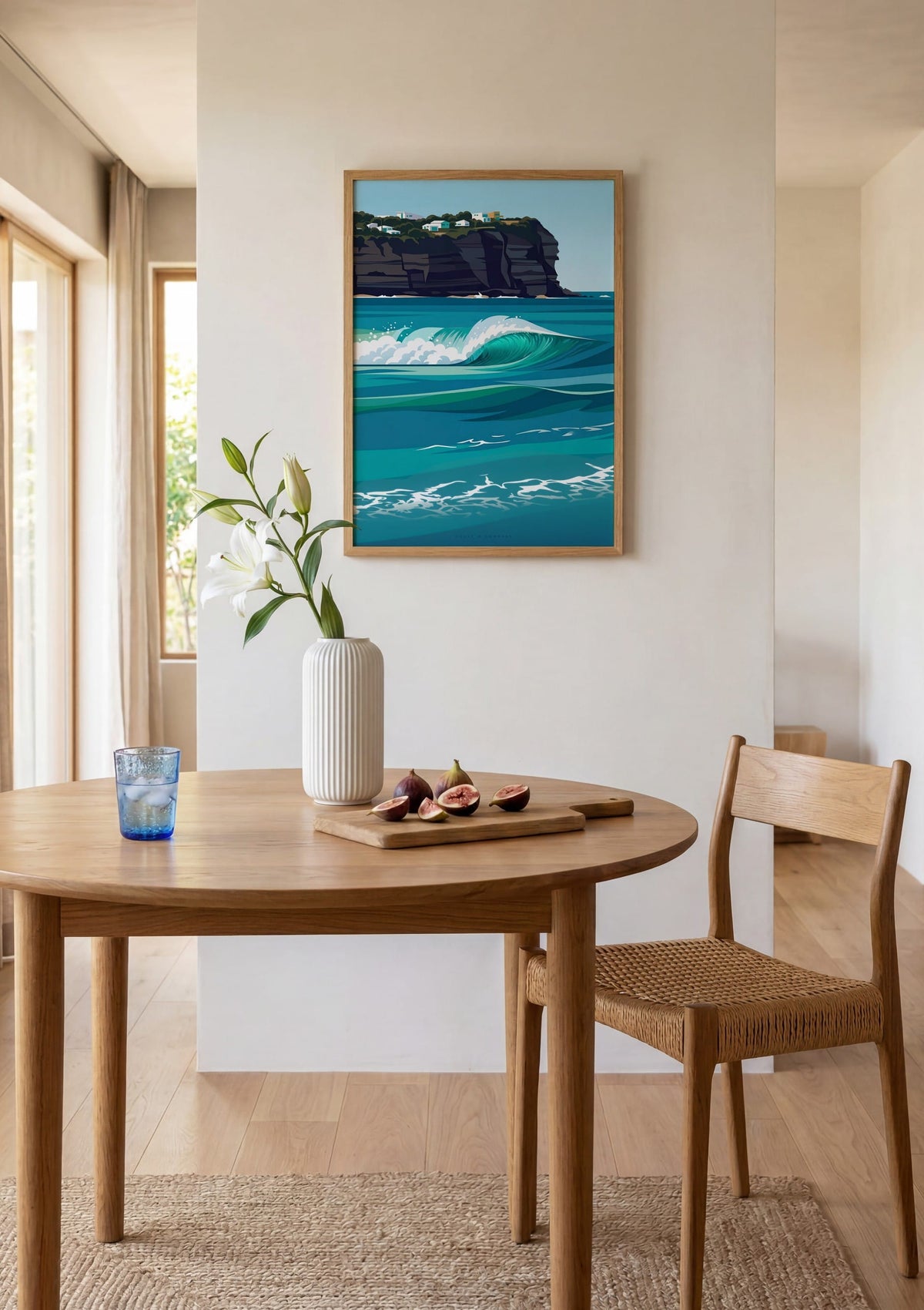 Turquoise Break print shown above a round dining table