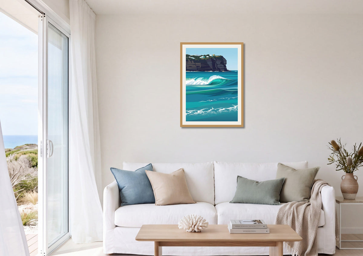 Turquoise Break print shown at A1 size on a living room wall