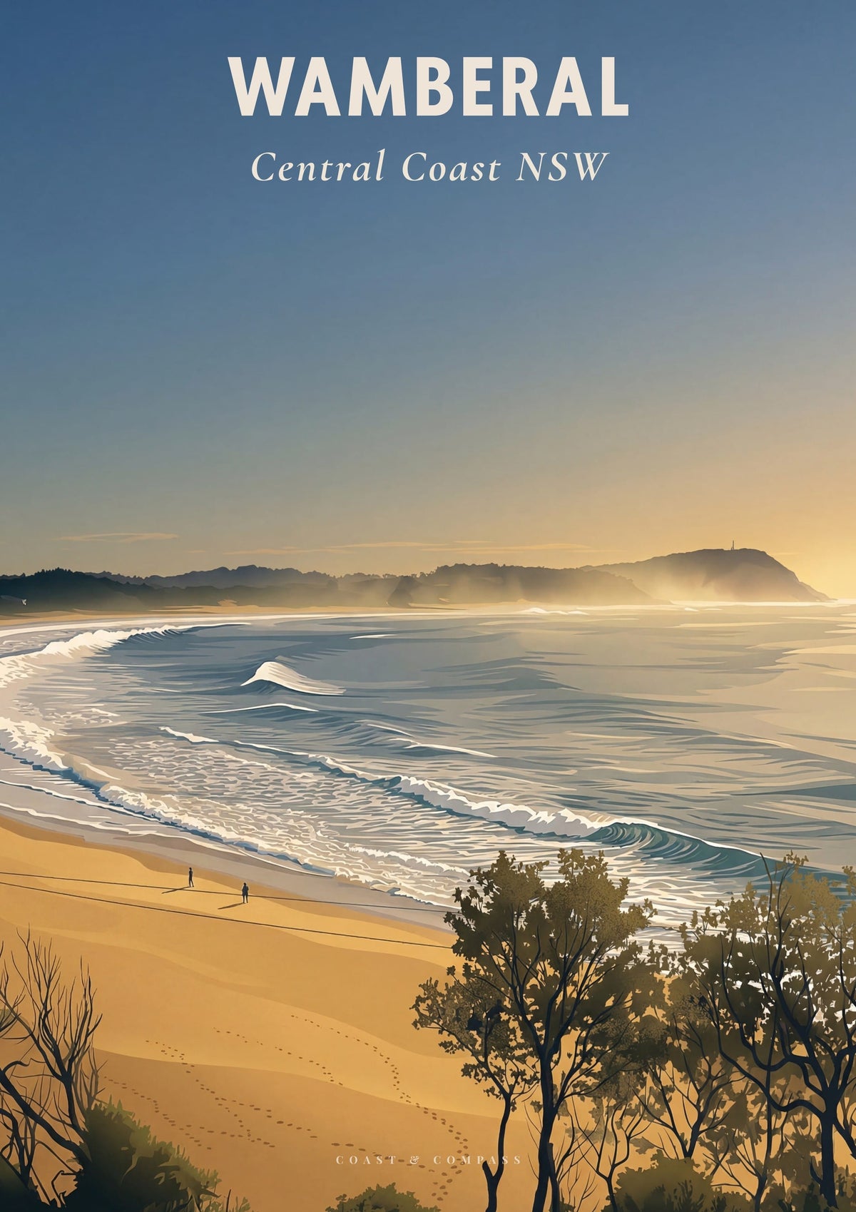 Wamberal Mist travel poster — morning mist over the beach, Central Coast NSW