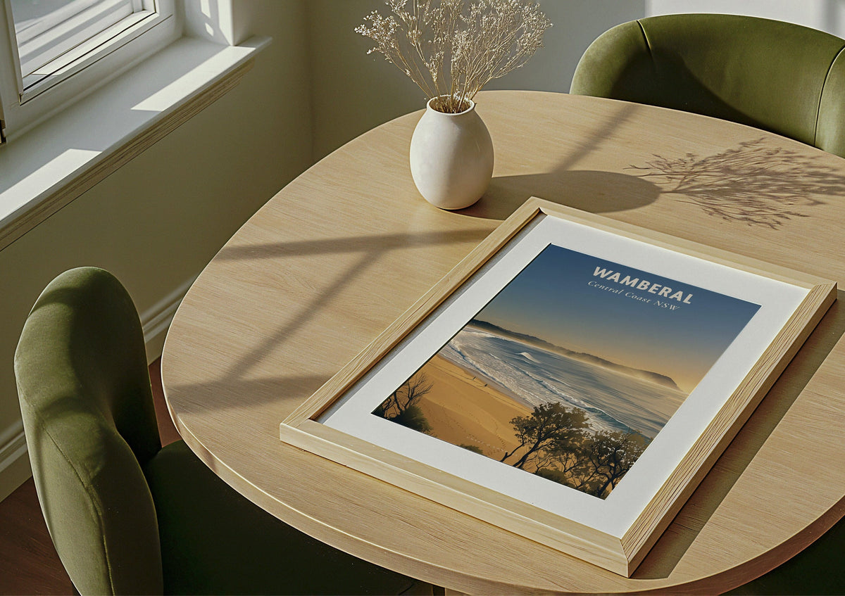 Wamberal Mist travel poster shown unframed and lying flat on a table