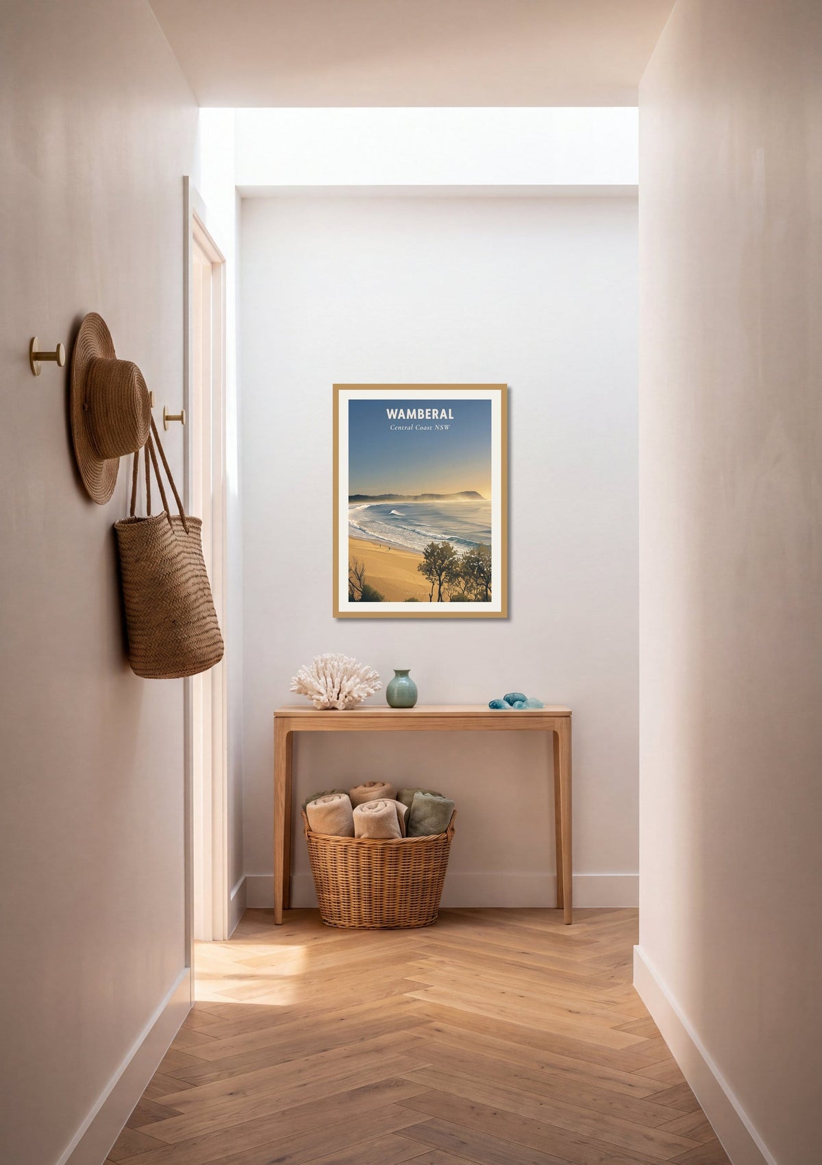 Wamberal Mist travel poster shown at A1 size on a hallway wall