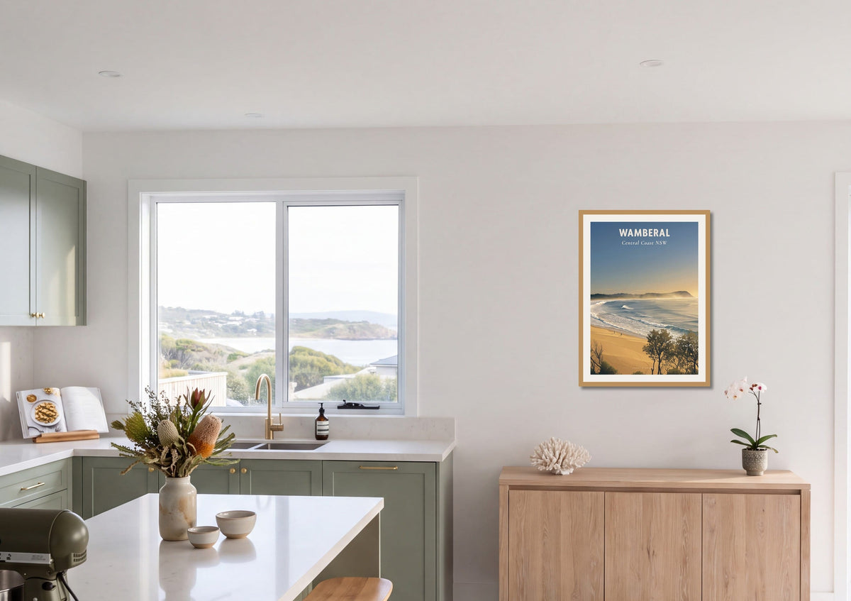 Wamberal Mist travel poster shown at A1 size in a kitchen