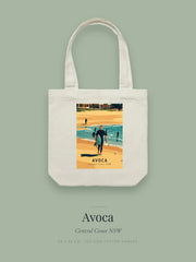 Avoca Beach tote bag — the Avoca Beach poster design in olive on cream cotton canvas