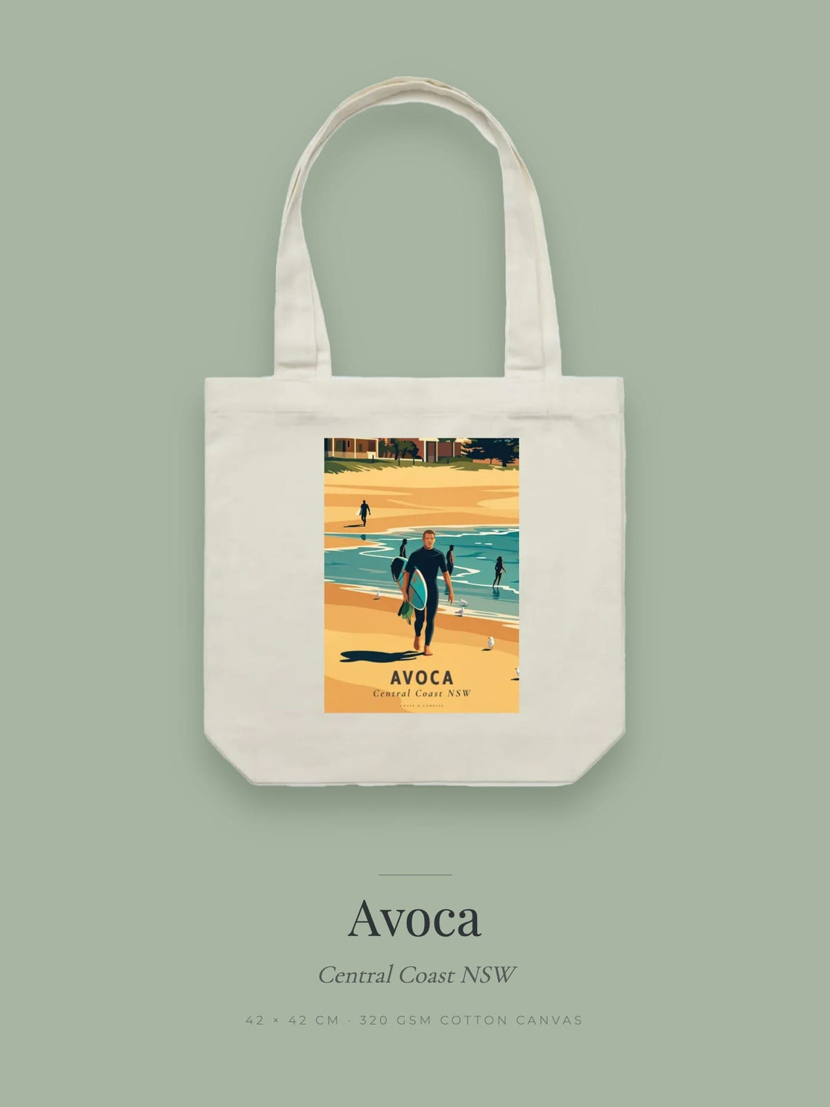 Avoca Beach tote bag — the Avoca Beach poster design in olive on cream cotton canvas