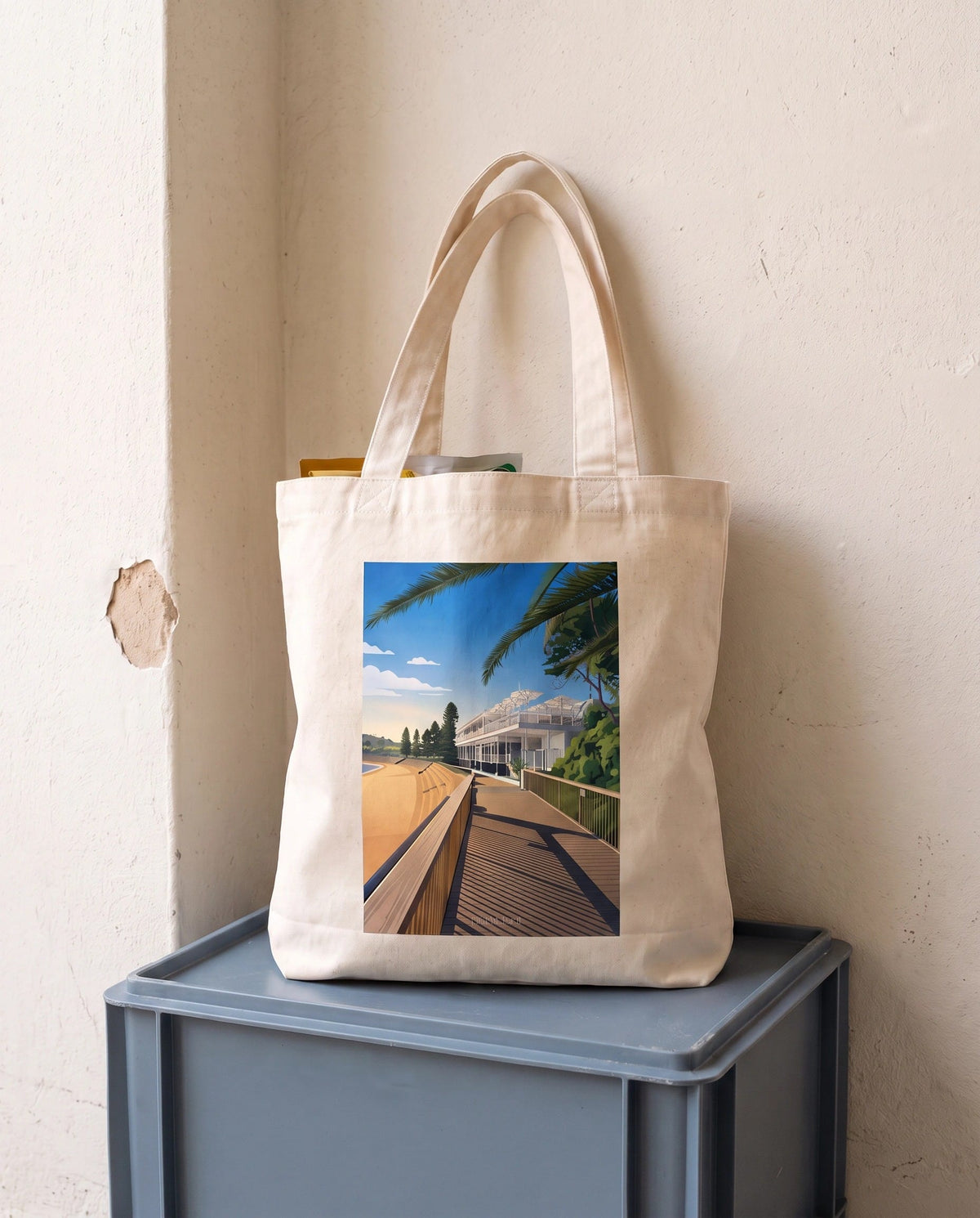 Coast & Compass Boardwalk Light tote bag packed with fresh groceries, cream cotton canvas printed with the Boardwalk Light artwork