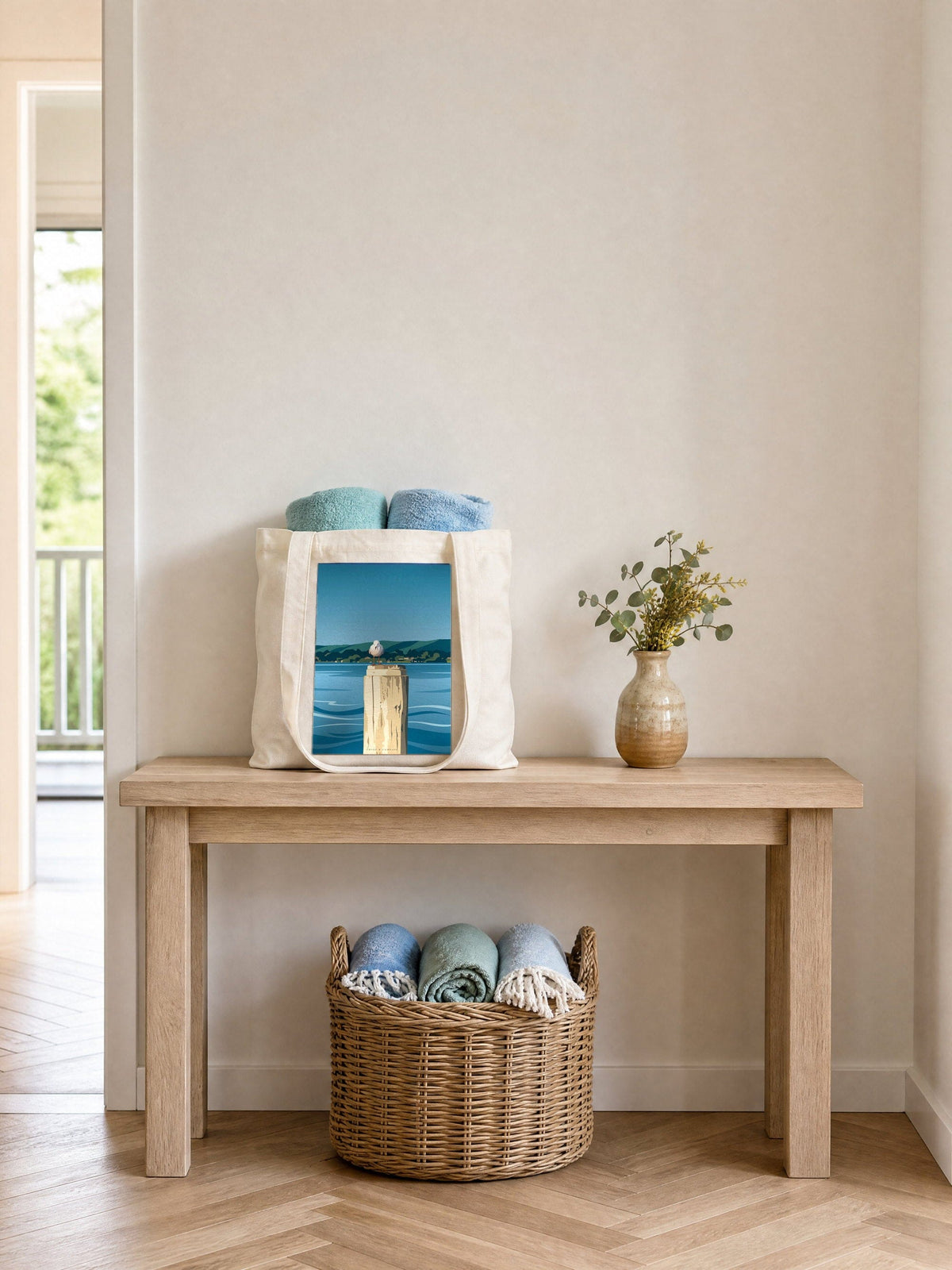 Harbour Watch tote bag on an entry hall table, cream cotton canvas printed with the Harbour Watch artwork