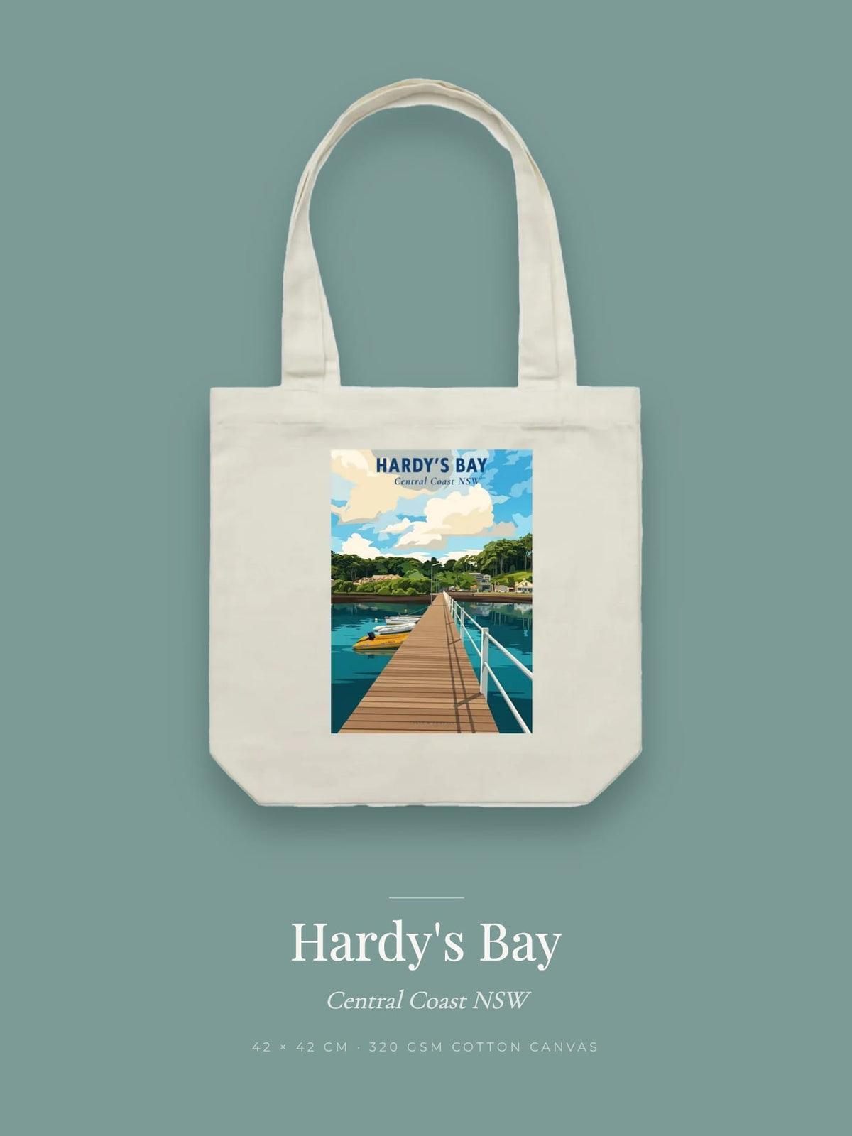 Hardy's Bay tote bag — the Hardy's Bay poster design in sage on cream cotton canvas