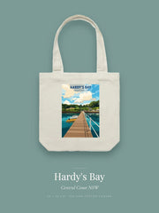Hardy's Bay tote bag — the Hardy's Bay poster design in sage on cream cotton canvas