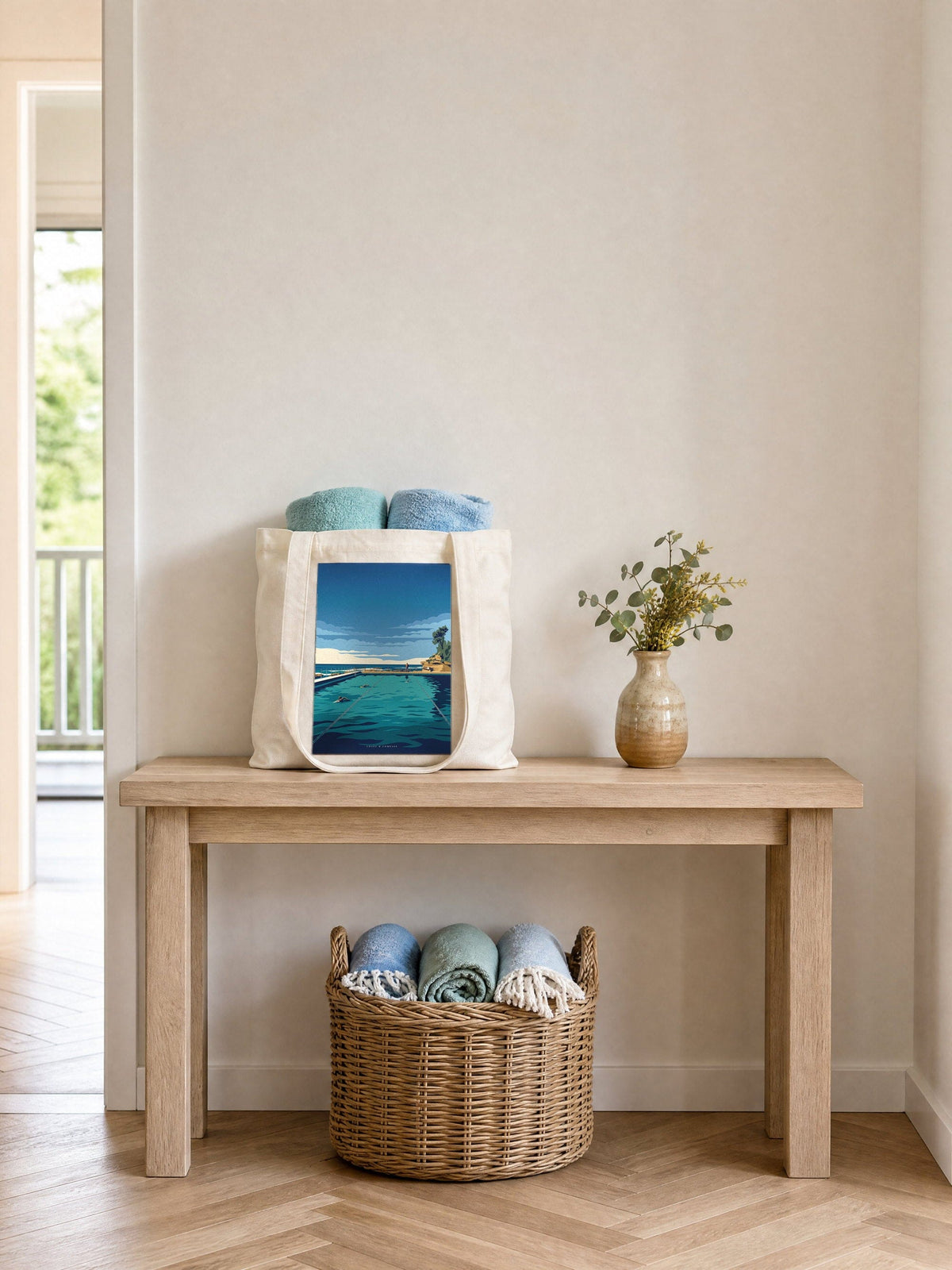 Lap Lines tote bag on an entry hall table, cream cotton canvas printed with the Lap Lines artwork