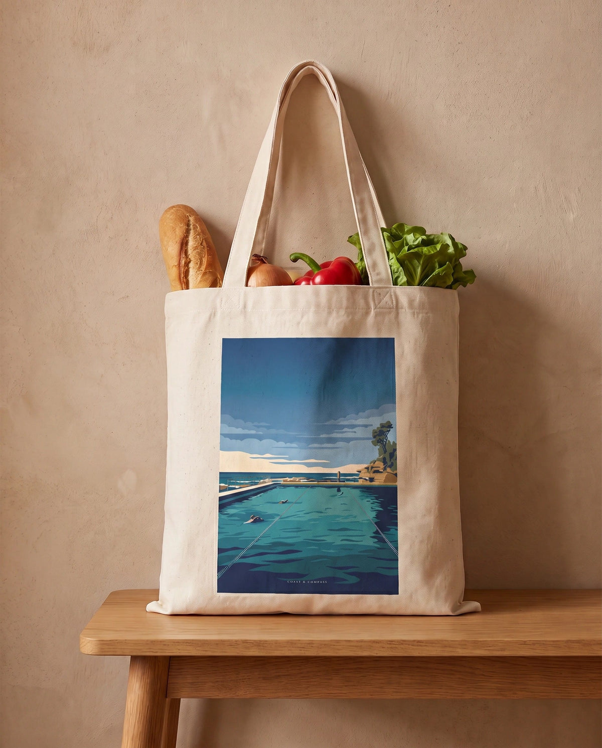Coast & Compass Lap Lines tote bag packed with fresh groceries, cream cotton canvas printed with the Lap Lines artwork