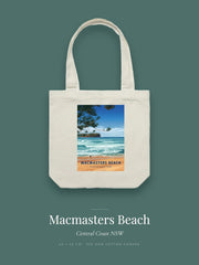 Macmasters Beach tote bag — the Macmasters Beach poster design in teal on cream cotton canvas