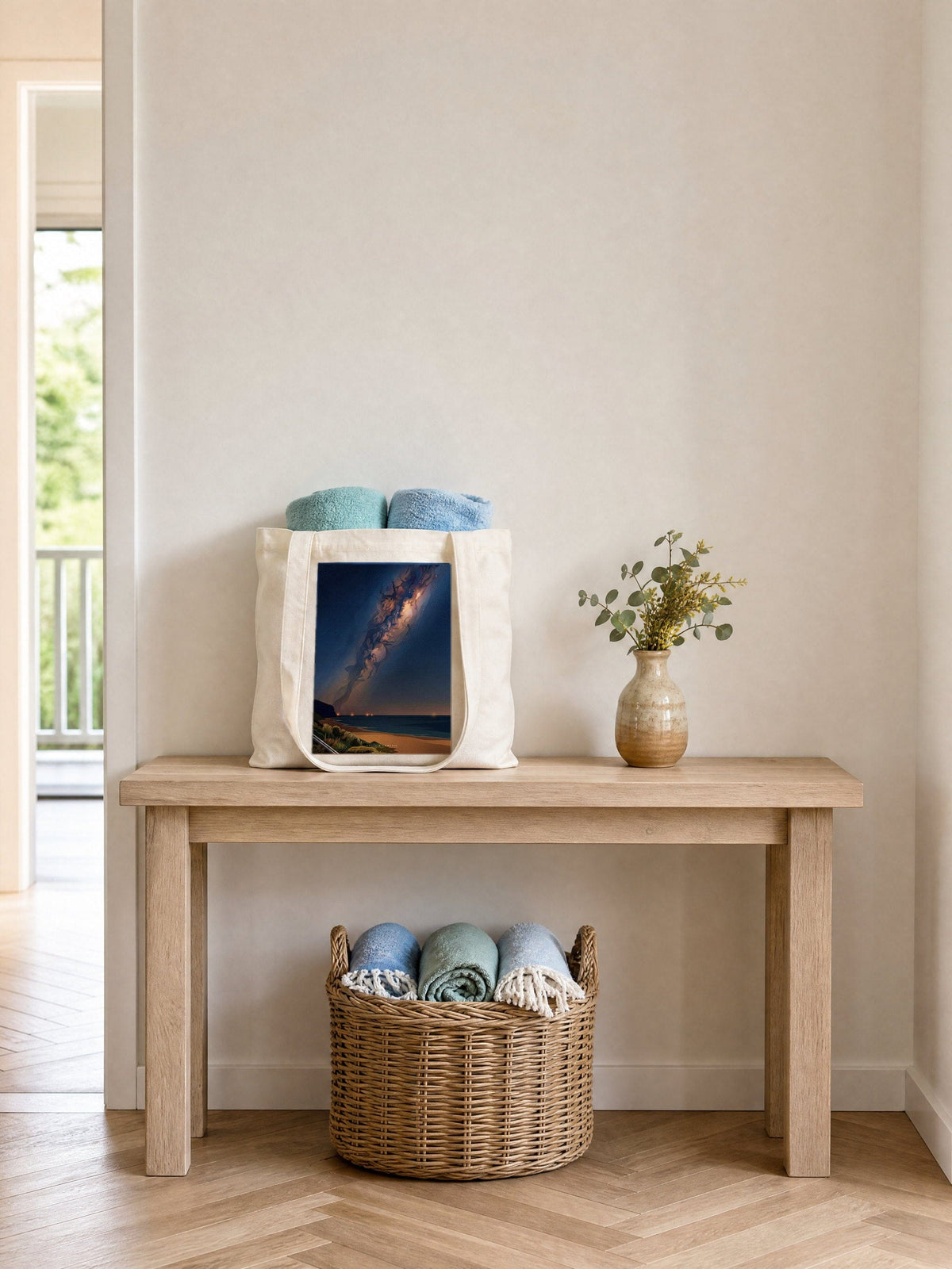 Midnight Bloom tote bag on an entry hall table, cream cotton canvas printed with the Midnight Bloom artwork