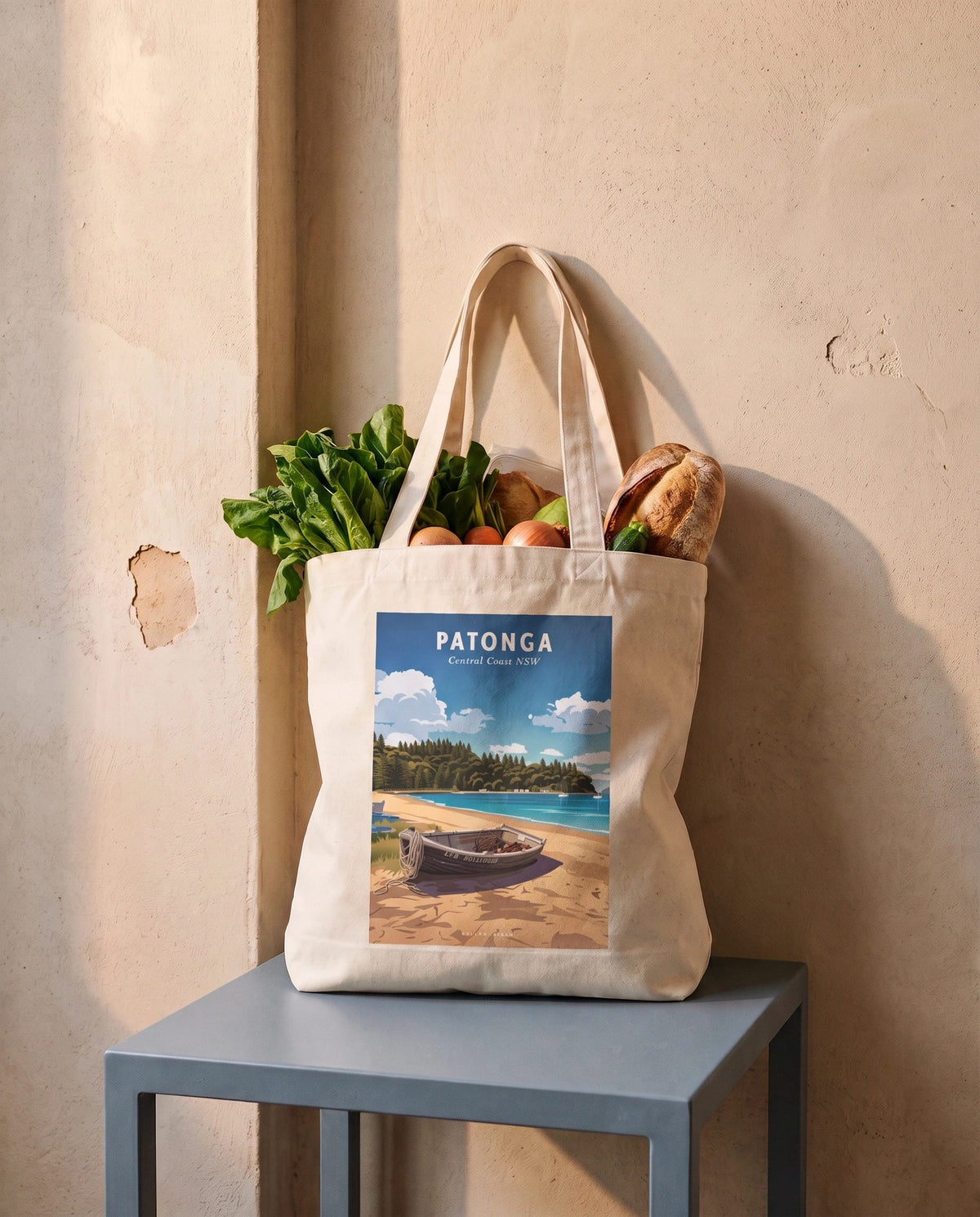 Coast & Compass Patonga tote bag packed with fresh groceries, cream cotton canvas printed with the Patonga Central Coast NSW poster design