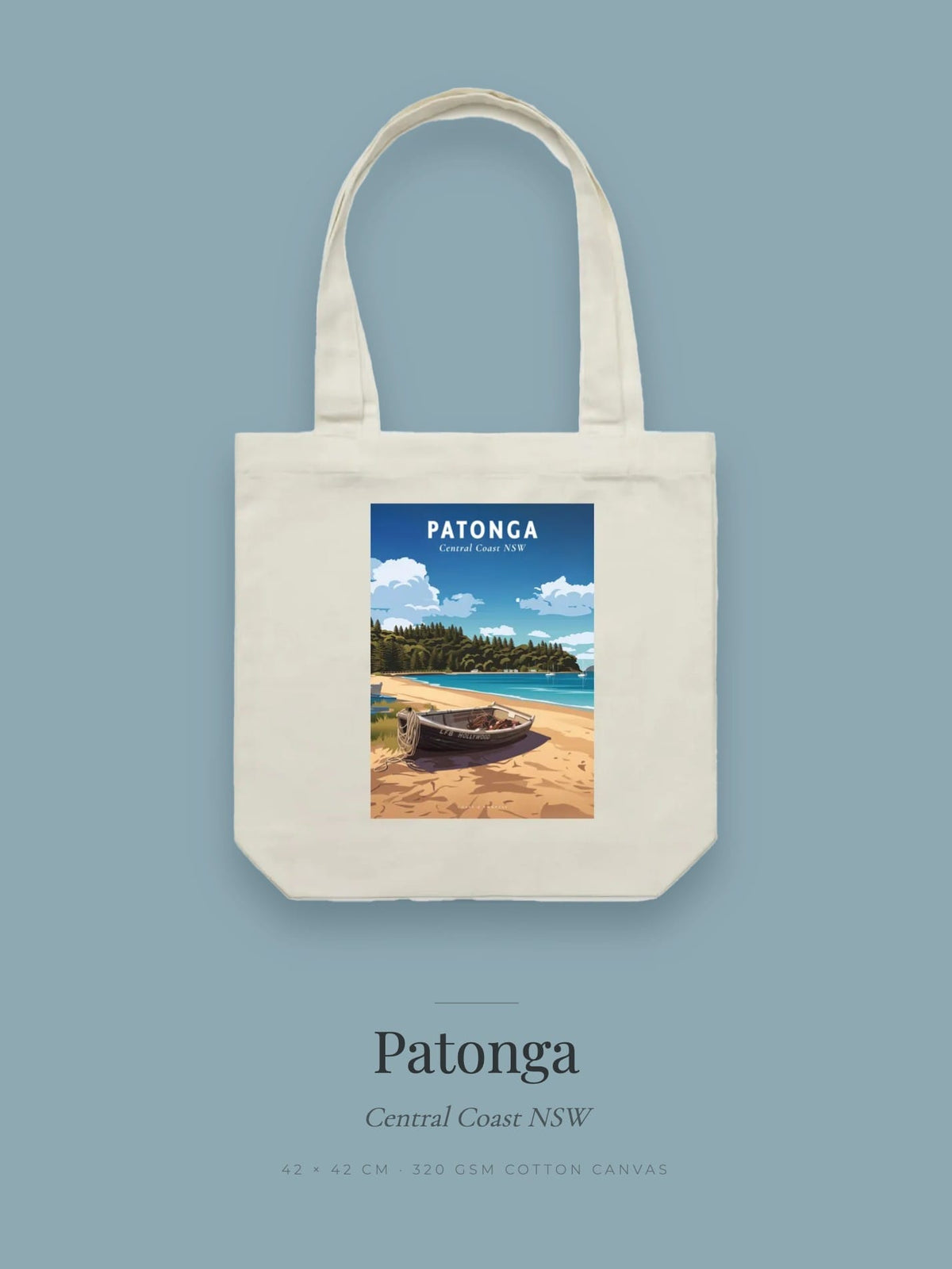 Patonga tote bag — the Patonga poster design in powder blue on cream cotton canvas