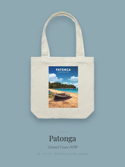Patonga tote bag — the Patonga poster design in powder blue on cream cotton canvas